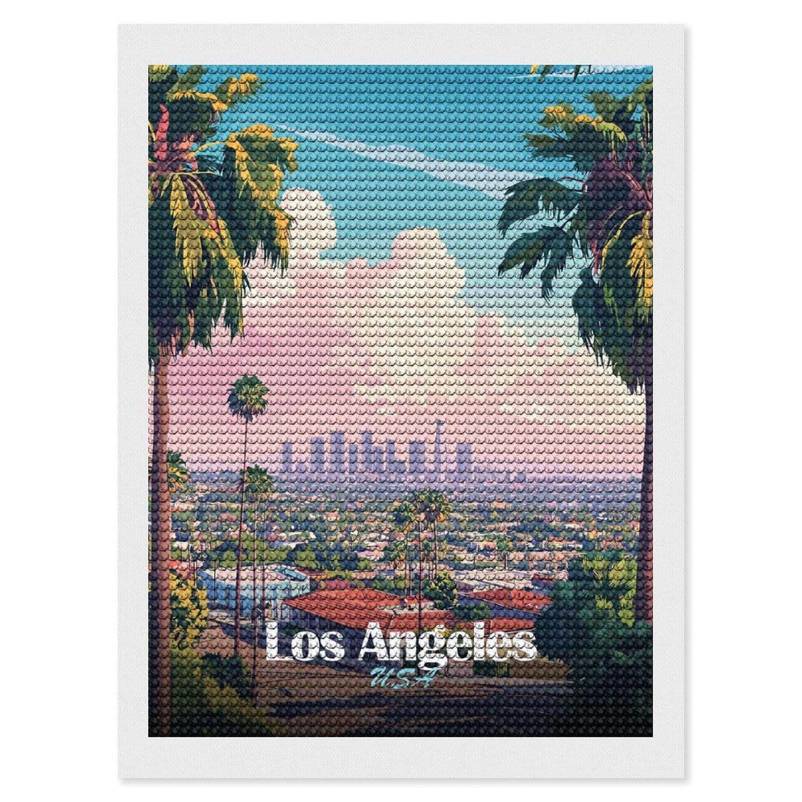 Junmoney Los Angeles Skyline Art DIY Diamond Art Canvas Kit 12"x16", Adhesive Canvas, Easy to Enjoy, Farmhouse Decor, Festive Craft Gift