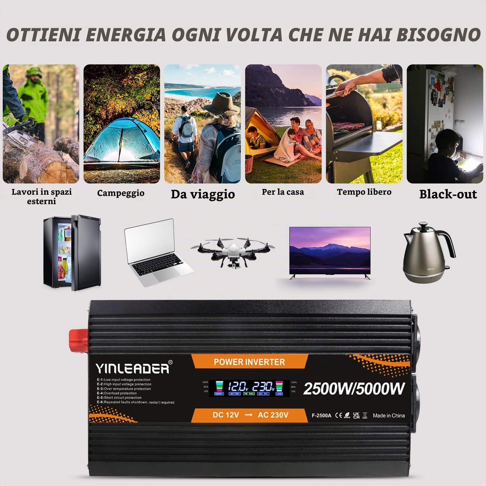 Yinleader Inverter 12V 230V 2500W Convertitore di Potenza con Display LCD 2 Prese AC per Pannelli Solari Auto RV