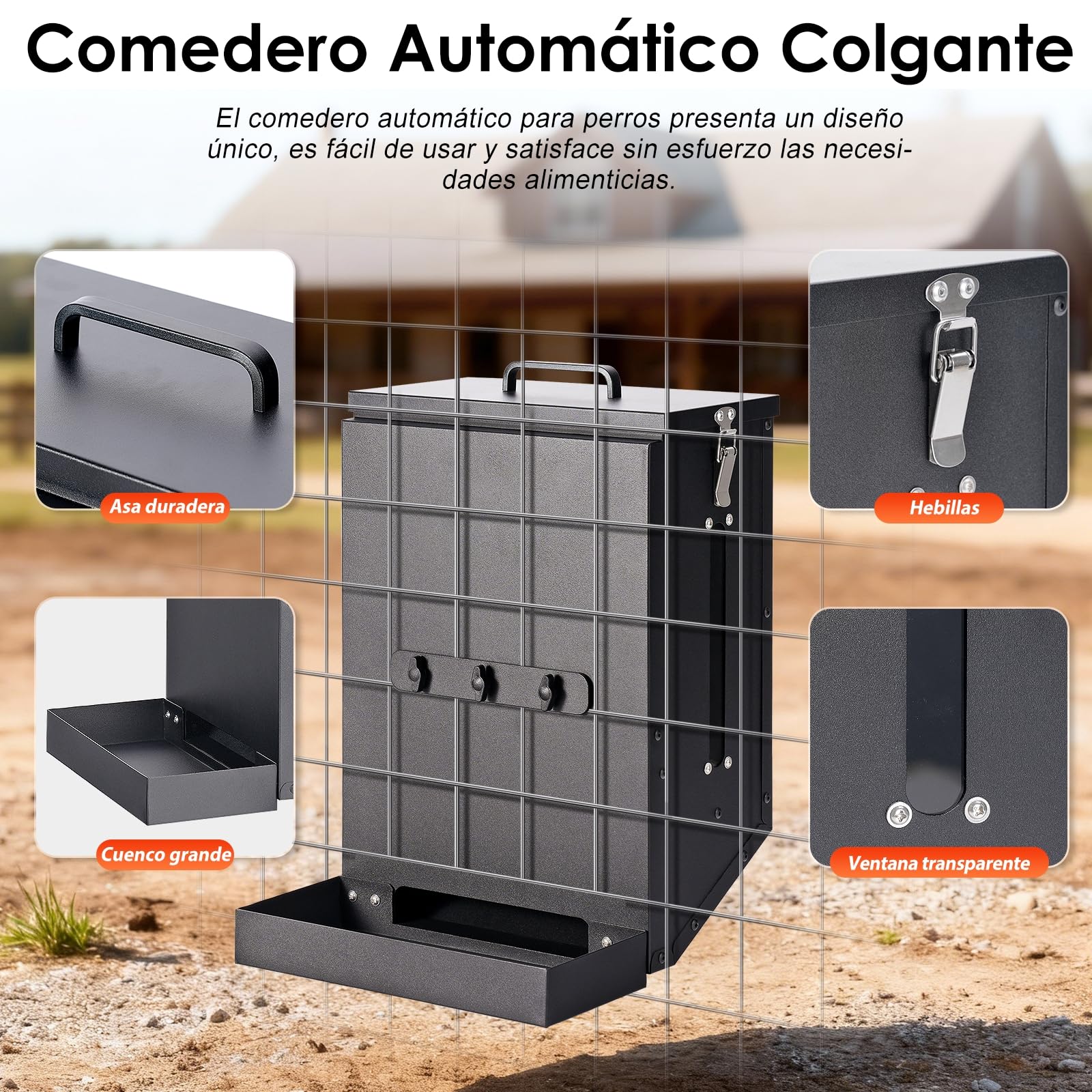 Distribuidor Automático de Comida para Perros de Acero Galvanizado Colgante, Distribuidor Automático para Mascotas por Gravedad Exterior, Gran Capacidad de 16 L, para Gatos, Perros y Conejo