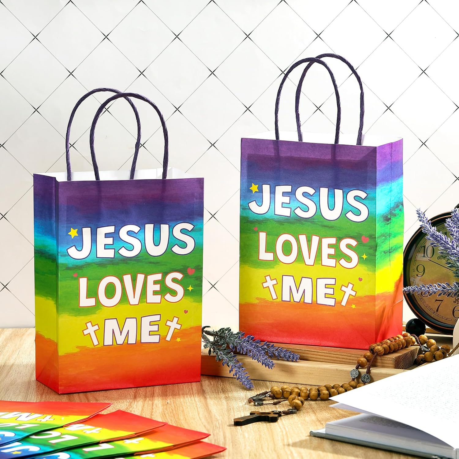 Kosiz 24 Pcs Christian Sunday School Gift bags Jesus Loves Me Paper Bags Trunk or Treat Goody Treat Bag with Handles Religious Gift Wrapping for Fall Halloween Church Classroom Supplies - Image 3