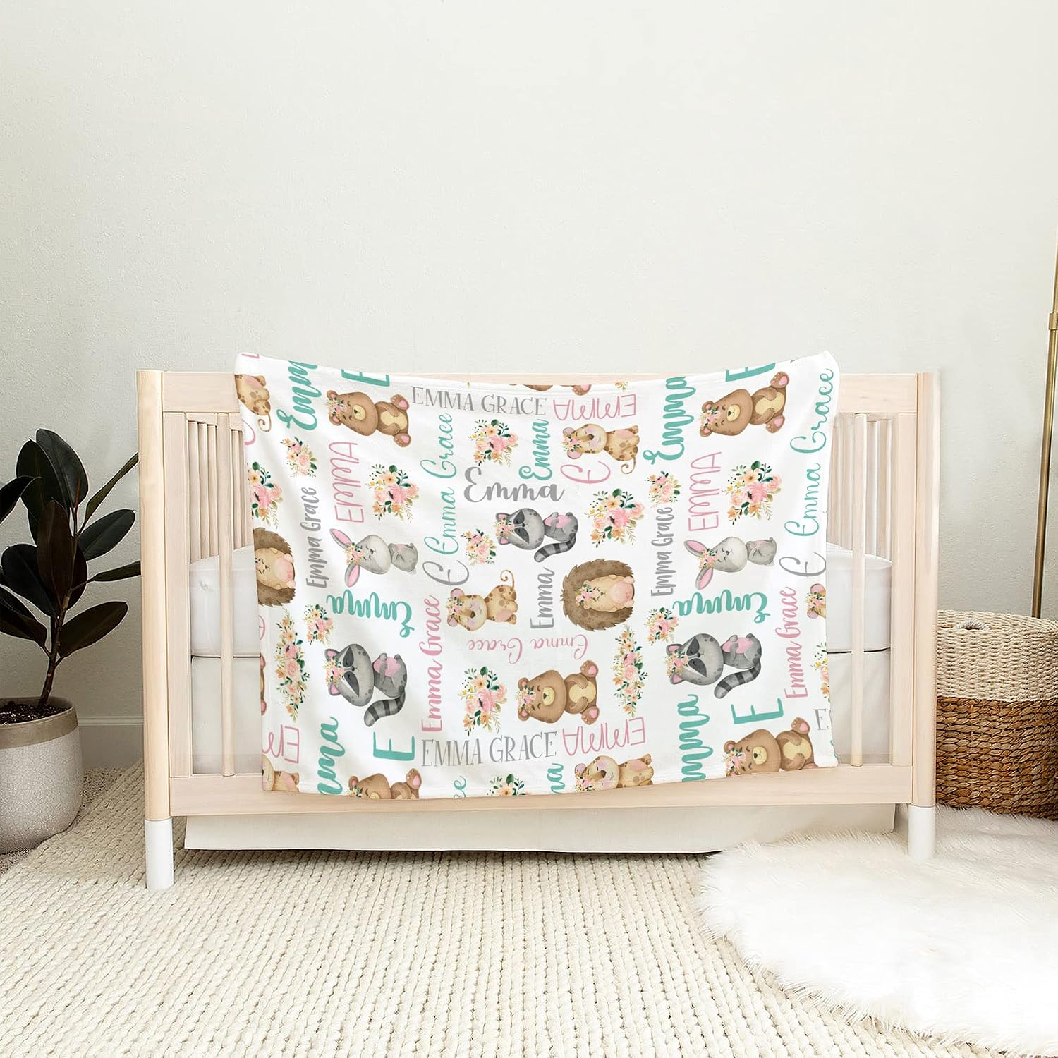 Personalized Woodland Creatures Baby Blanket, Custom Name Soft Fleece Forest Animals Nursery Decor, Cute Bear & Bunny Cozy Swaddle, Hedgehog & Raccoon Infant Cuddle Quilt, Newborn Gift