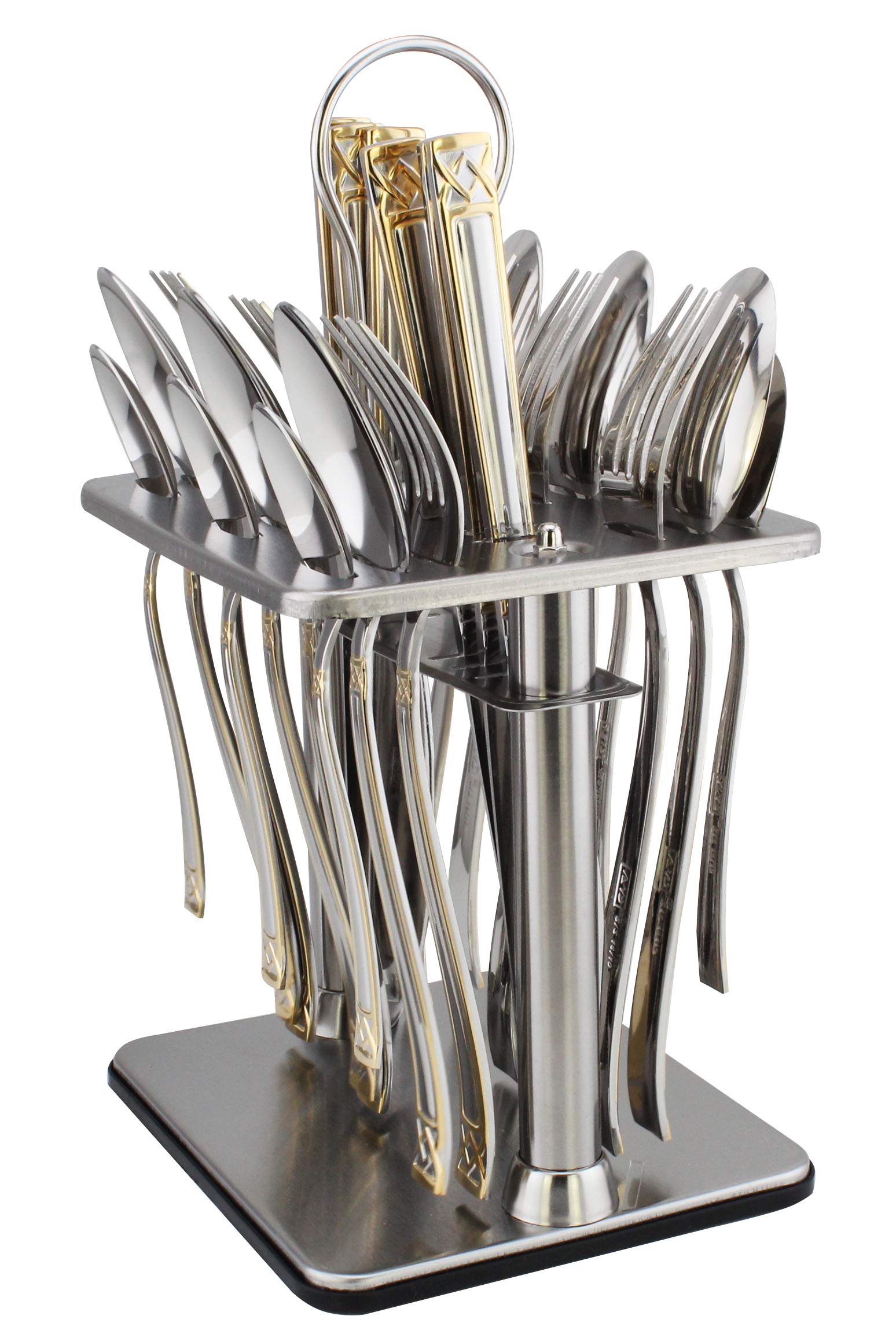 Berger 24 Piece Silverware Flatware Cutlery Set With Square Stand, Stainless Steel Includes 6 Knife, 6 Fork, 6 Tea Spoon, 6 Dinner Spoon, Mirror Polished, Dishwasher Safe