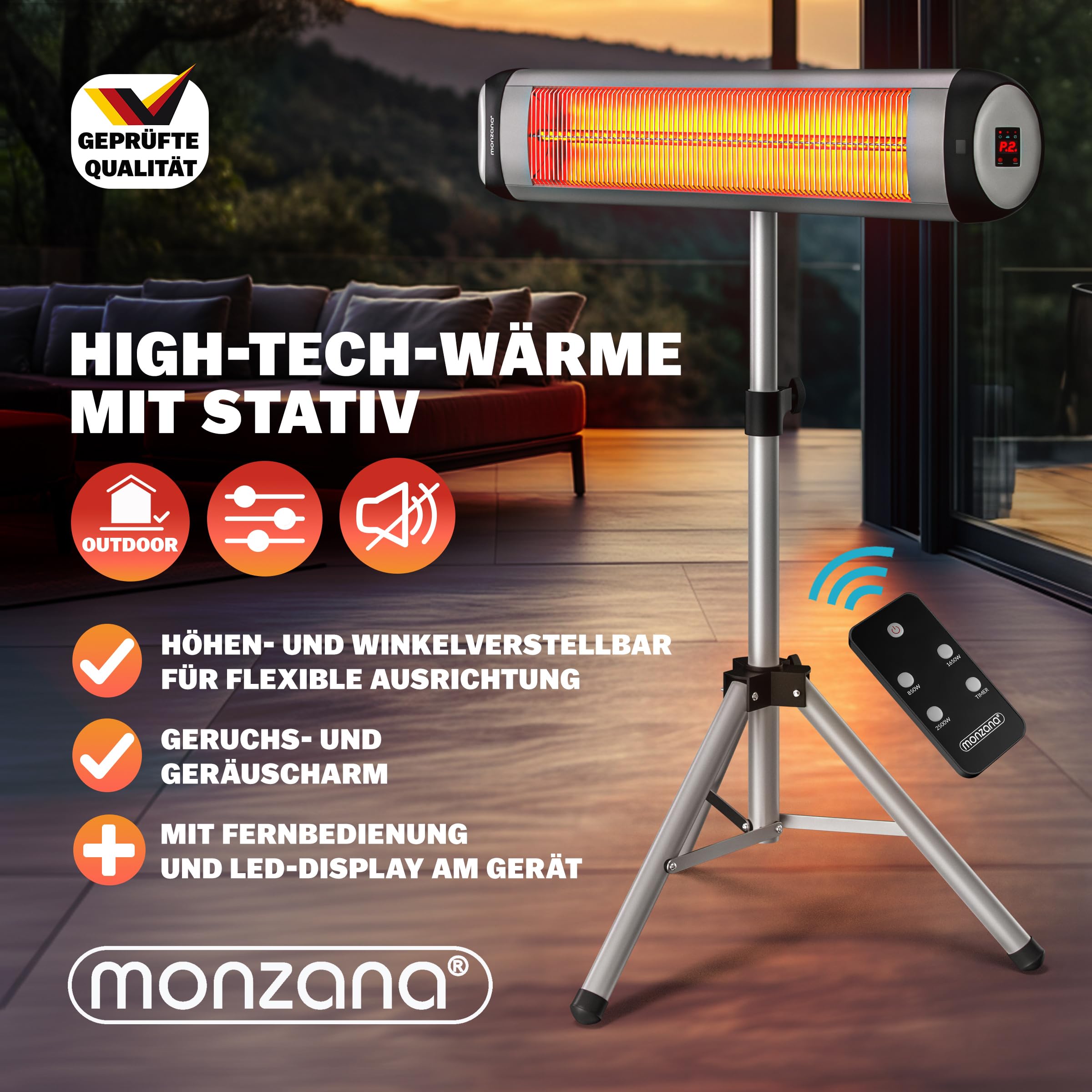 MONZANA Stufa Elettrica a Infrarossi MZH2500 2500W 110-175cm Telecomando Timer 24h