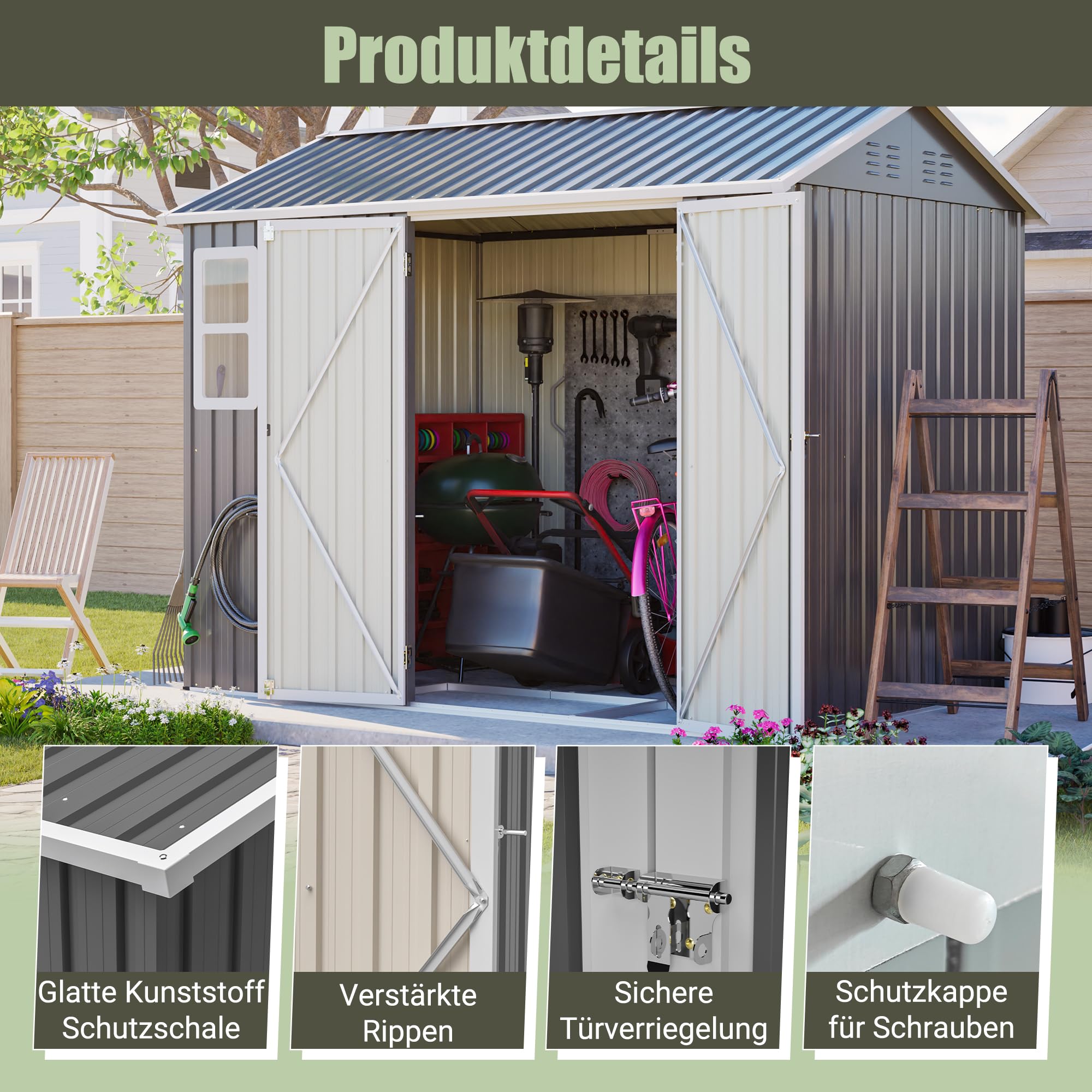 Thanaddo 8×6ft Gerätehaus Metall Groß Geräteschuppen 250x180x200cm mit Fundamentrahmen, Wetterfest Gartenhaus mit Fenster & Abschließbarer Tür, Gartenschuppen für Outdoor Garten Hinterhof, Grau