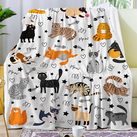 Cute Cat Blanket Animals Pet Pattern Gifts for Cat Lovers Soft Lightweight Flannel Throw Blankets for Kids Adults 60x50