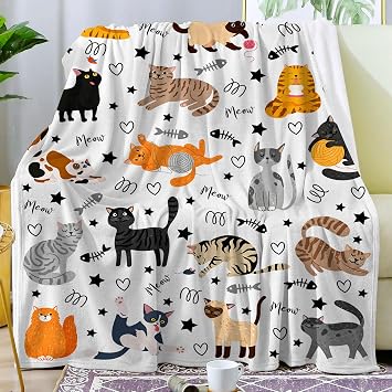 Cute Cat Blanket Animals Pet Pattern Gifts for Cat Lovers Soft Lightweight Flannel Throw Blankets for Kids Adults 60x50