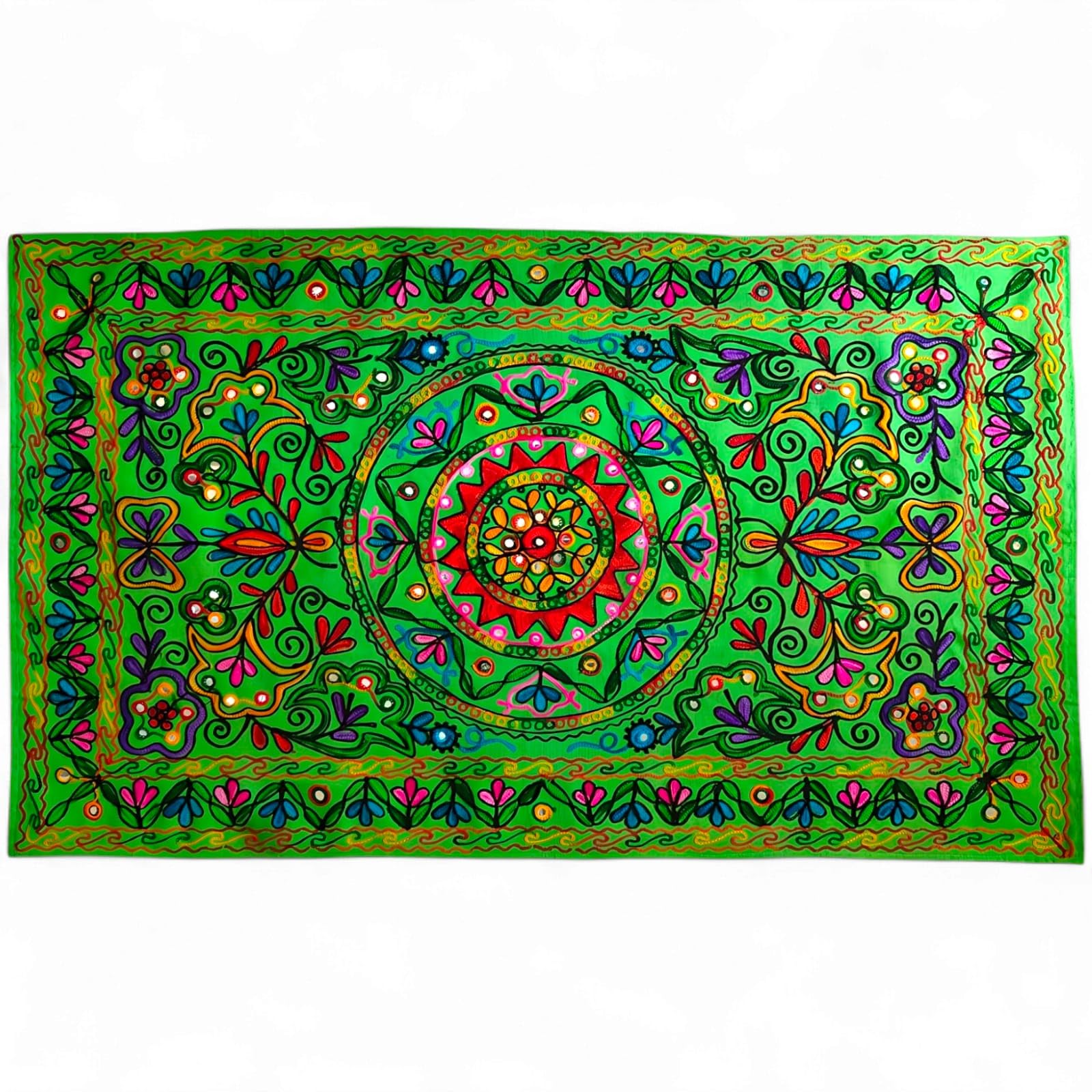 Original Kikan Tapiz rectangular floral Suzani Art con lentejuelas para colgar en la pared, algodón, bordado, étnico, bohemio (verde)