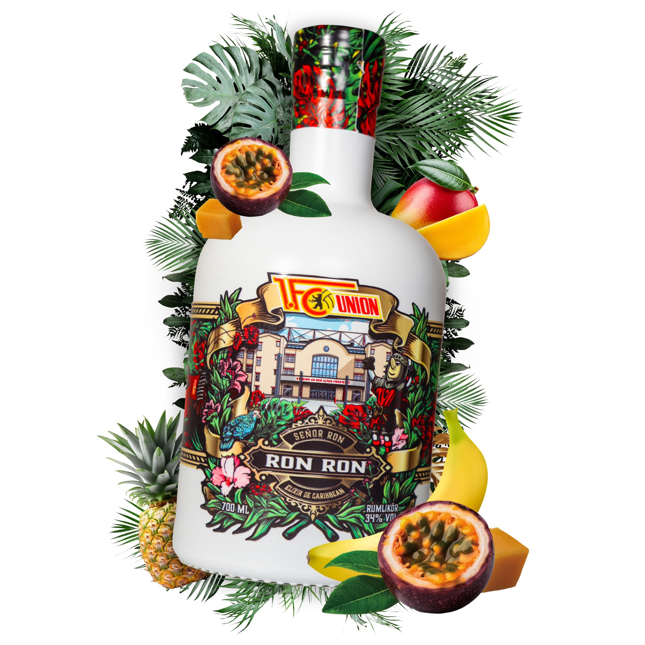 Ron Ron 1. FC Union Berlin Limited Edition – Fruchtiger Premium Rumlikör (34 %) – Rum-Blend mit tropischem Geschmack, Sherry Cask gereift – Fanflasche, 0,7 L