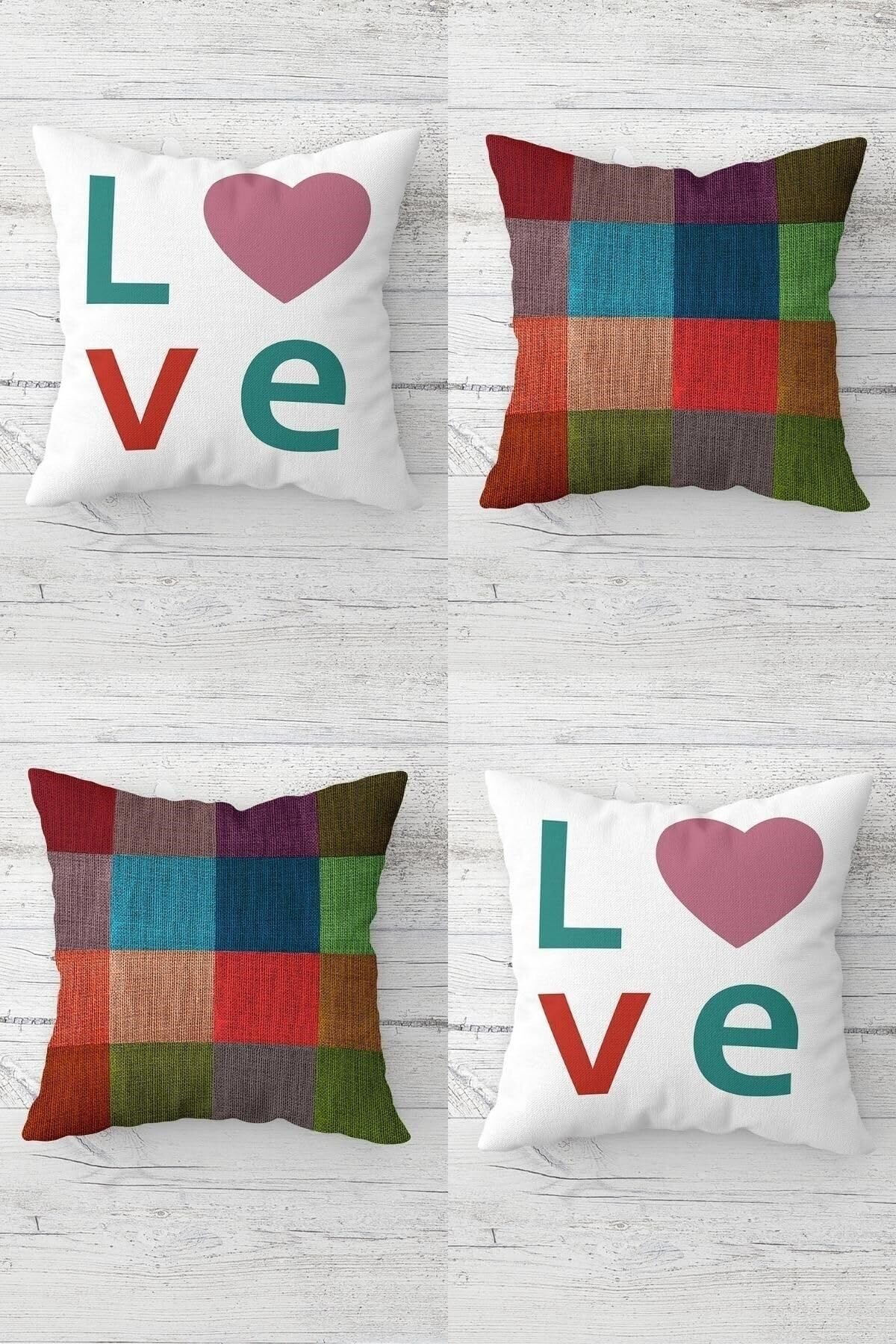 Pelangi Love Yazılı Kalp Desen Sevgili Tema Gizli Fermuarlı Kırlent Kılıfı Koltuk Yastık Kılıfı Takım(4adet), Çok Renkli 43 x 43