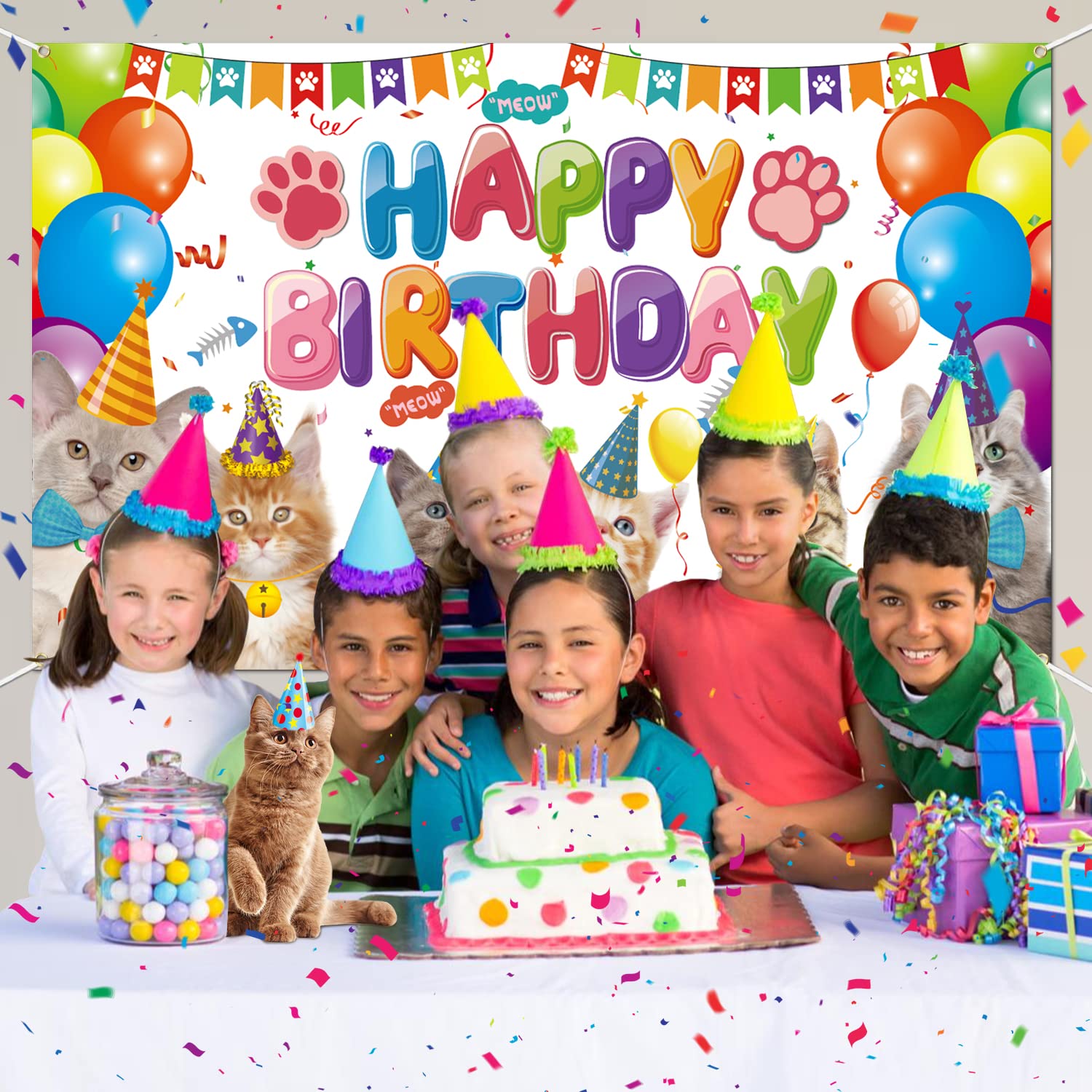 Sfondo Buon Compleanno A Tema Gatto – 180x120 Cm In Tessuto Oxford, Con Fori E Corda, Per Feste Di Compleanno E Baby Shower, Adatto A Bambini E Amanti Dei Gatti
