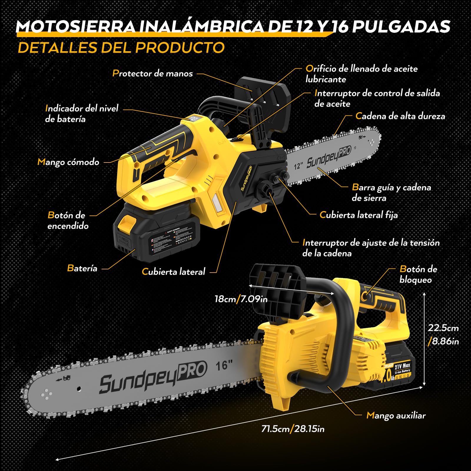 21V 12+16 Pulgadas Motosierra Inalámbrica a Batería | Motor Sin Escobillas y 2 x 4.0Ah Baterías, Lubricación Automática, Tensado Sin Herramientas, para Podar Árboles Jardin Leña