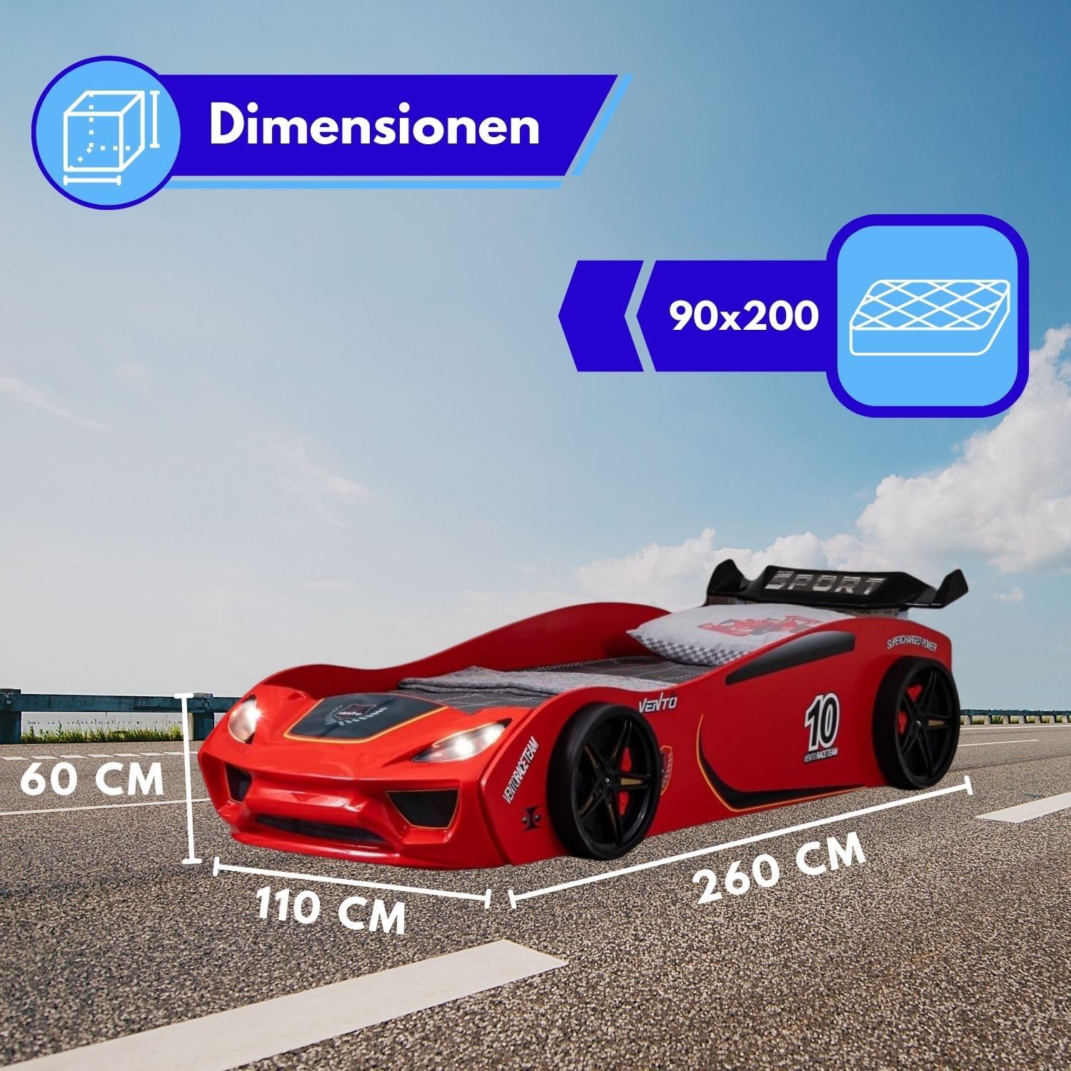 Coemo Autobett Vento Kinderbett 90x200 cm im Rennwagen-Design, Rot | Autobett mit Lattenrost, aufwändig gearbeitete Front mit glänzender Oberfläche, detailgetreue Motive, sportlicher Heckspoiler