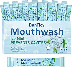 Enxaguante bucal para viagem, enxaguante bucal sem álcool, portátil, hálito fresco, mini pacotes, 30 unidades, menta gelada