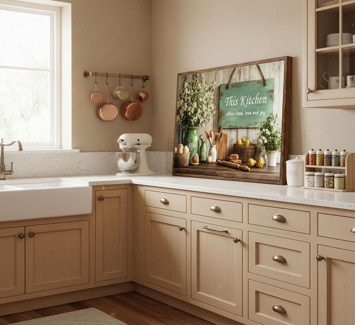 Framed Country Kitchen Food Still Life Canvas Wall art Vintage Rustic Farmhouse This Kitchen Offers Food Love and Joy Painting Picture Wall Decor Poster Print Artwork for Dining Room Home Decoration