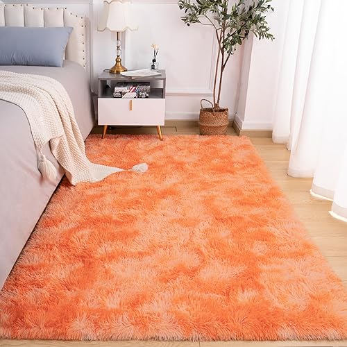 Miniatura 3 de Softlife Alfombra naranja para dormitorio, alfombra peluda de felpa mullida de 4 x 6 pies para sala de estar, niñas y niños, alfombra pequeña teñida