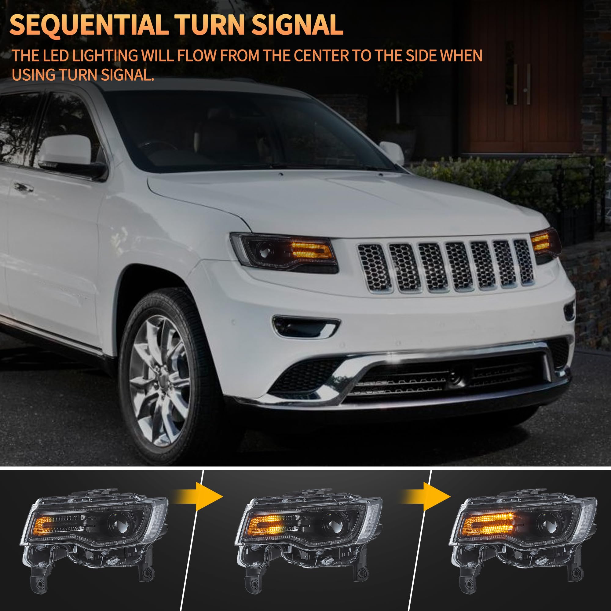 VLAND Phare à LED pour Grand Cherokee WK2 2014-2021, avec affichage dynamique, côté conducteur et passager - noir (Réflecteur clair)