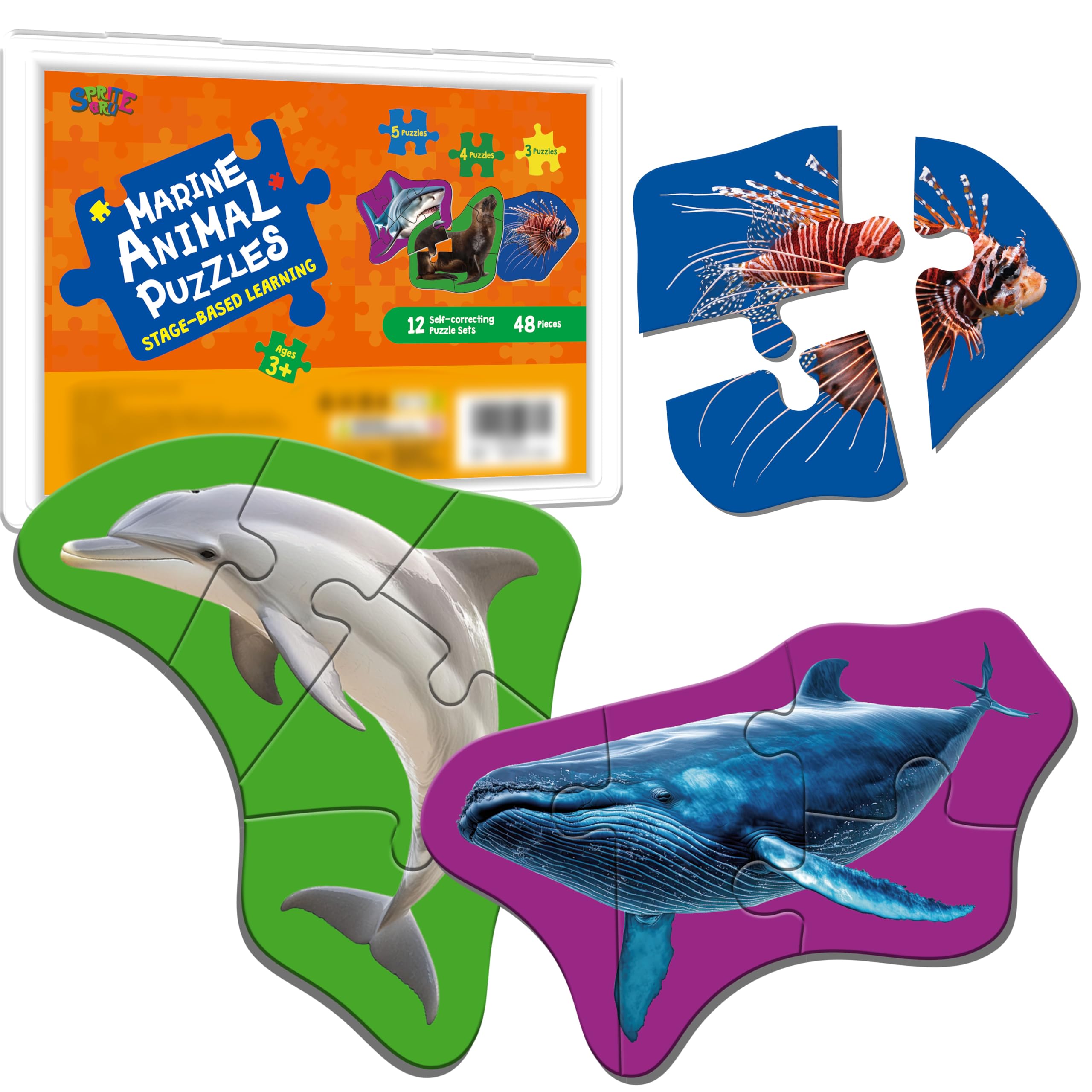 12 Pack Marine Animal Puzzles, 48 Pieces Step-by-Step Animal Jigsaws, Realistic Sea Animal Jigsaw Puzzles with Name Guide Early Learning for Beginner