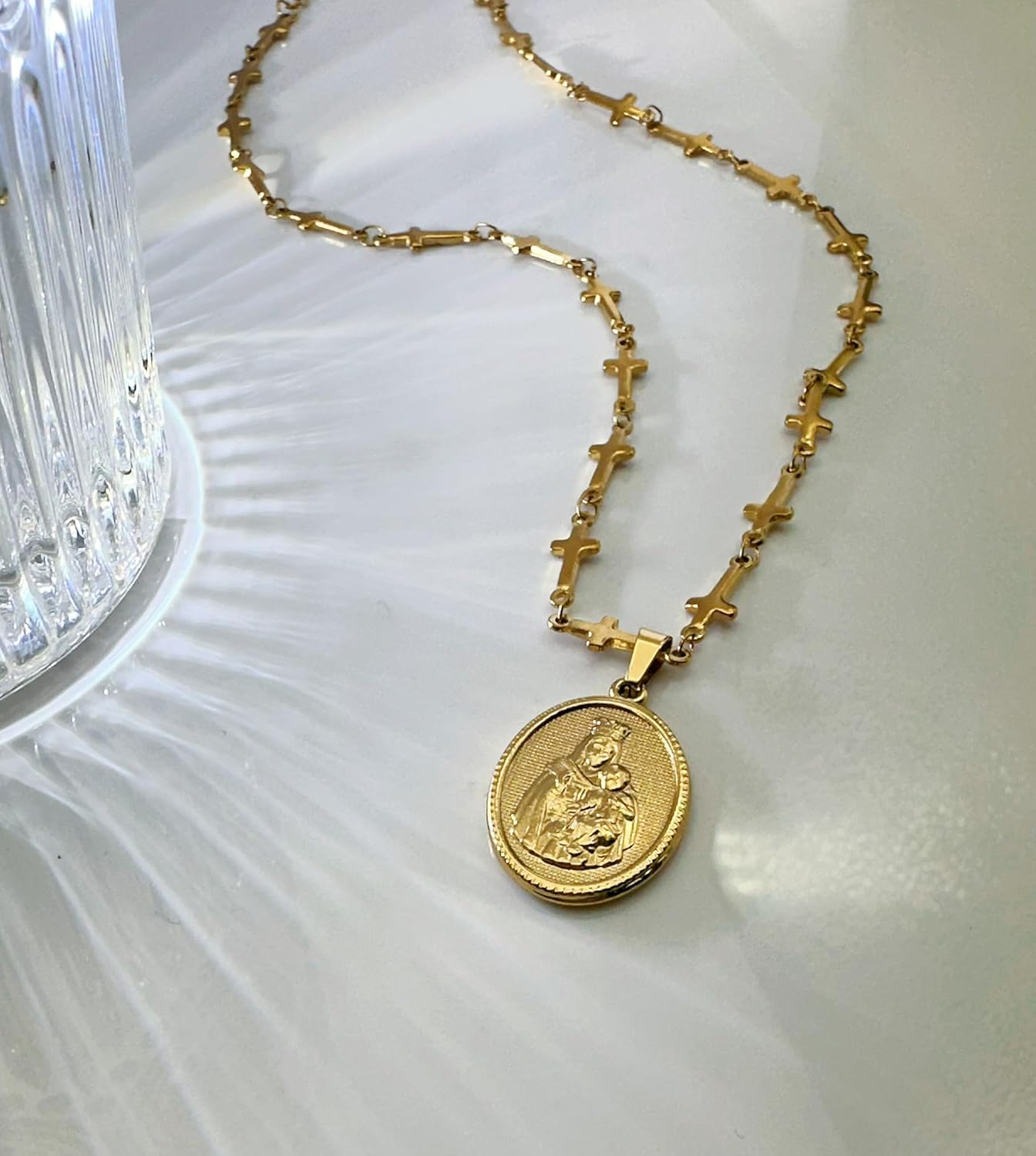 18K Gold Plated Virgin Mary Coin Necklace, 18K Gold Plated Christian Prayer Cross Necklace for Women. - Image 6