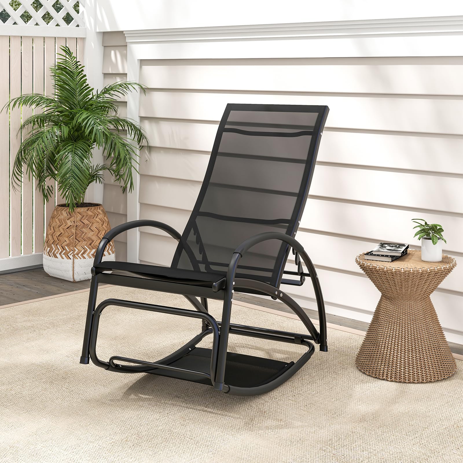 COSTWAY Sedia a Dondolo 2 in 1 da Giardino, Lettino Prendisole Convertibile con Schienale Regolabile a 4 Posizioni, Braccioli Curvi e Telaio in Alluminio, per Patio e Piscina, Portata 150 kg (Nero)