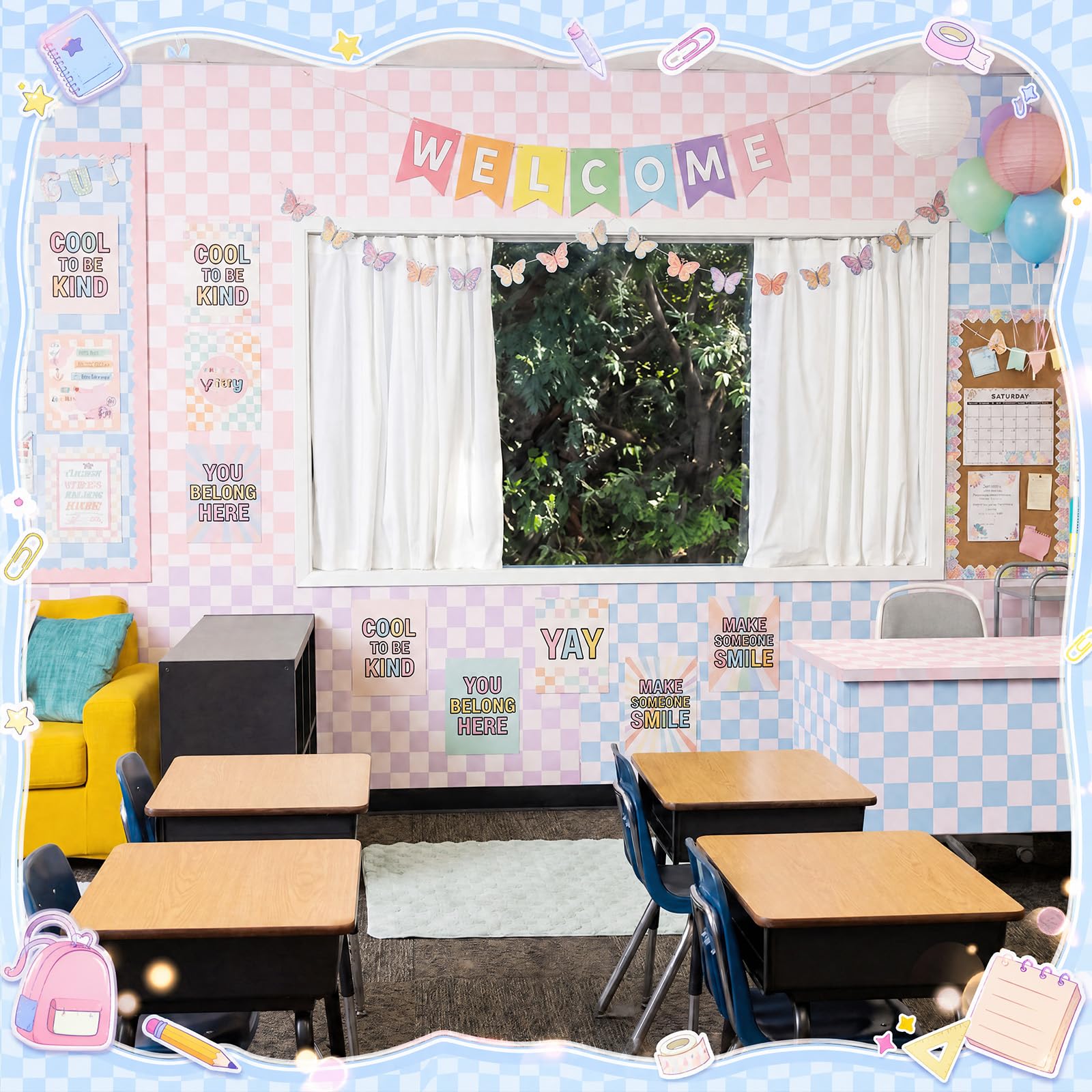 Funrous 6 rollos de papel de tablero de anuncios a cuadros, tablero de anuncios de regreso a clases, papel de fondo recubierto de papel para decoración de aula para profesores, decoración de pared