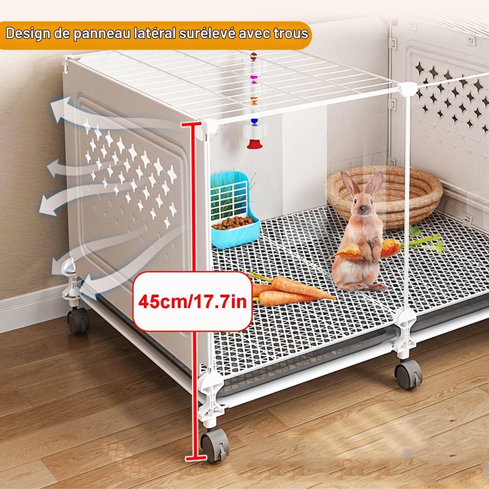 Cage à Lapin Fermée, Cage à Lapin D'Intérieur avec Plateau Coulissant Extra Large, Roue Universelle Panoramique à 360° Transparente pour Lapin, Furet, Chinchilla