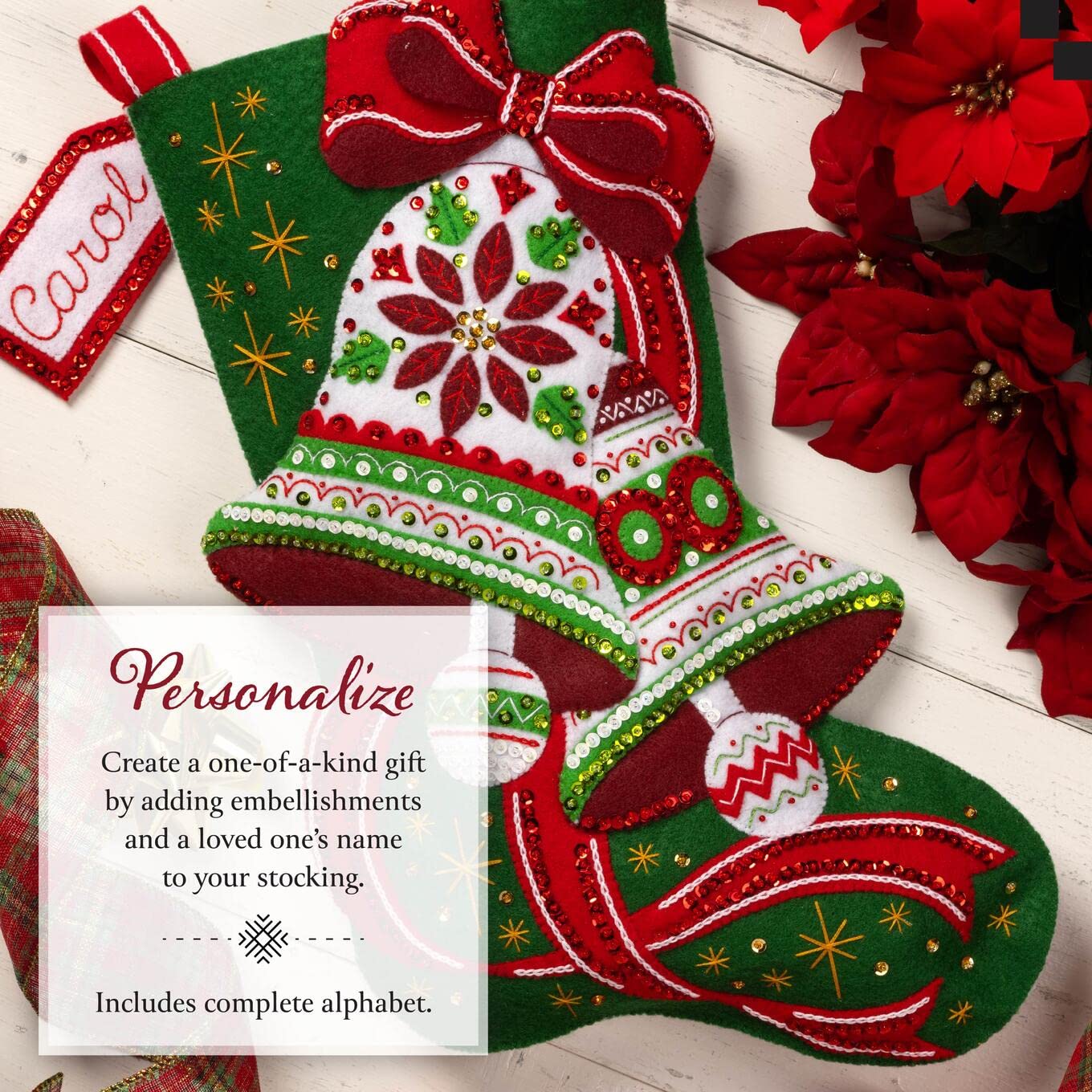 Bucilla, Poinsettia Bells, Felt Applique 18" Stocking Making Kit, Perfect for DIY Arts and Crafts, 89595E
