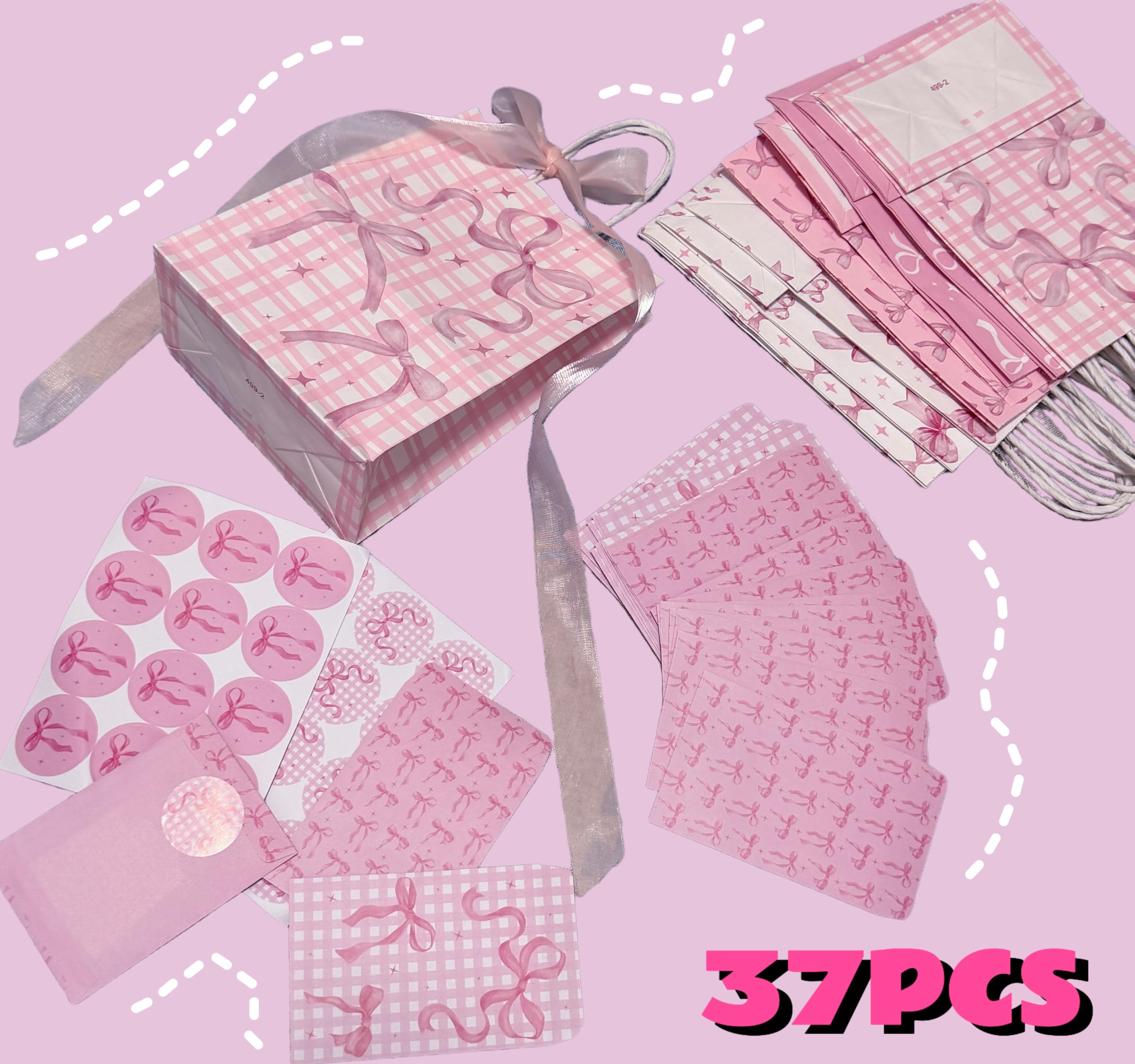 10 Pcs Pink Ribbon Bow Gift Bags with Handles, Gift Bags with Ribbons, 24 Envelopes, 2 Sticker Sheets & 1 Ribbon Roll for Coquette-Style Birthday Party Favors, Baby Shower, Wedding, Girls Tea Party, Cute Pink Goodie Bag Bulk for Treats and Gifts