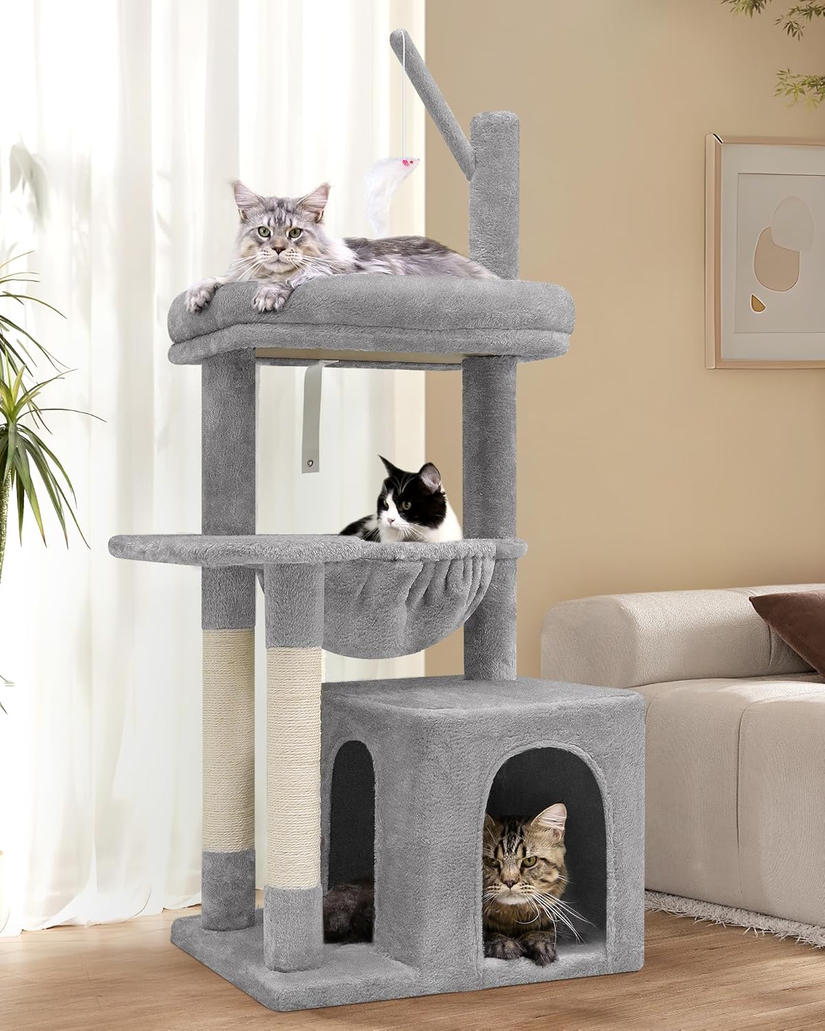 Globlazer Cat Tree Tower | 46-Inch Sturdy Cat Condo with Scratching Posts, Hammock, and Anti-Tip Kit | Ideal for Small Spaces & Large Big Cats | Premium Quality Materials, F46A, Light Grey