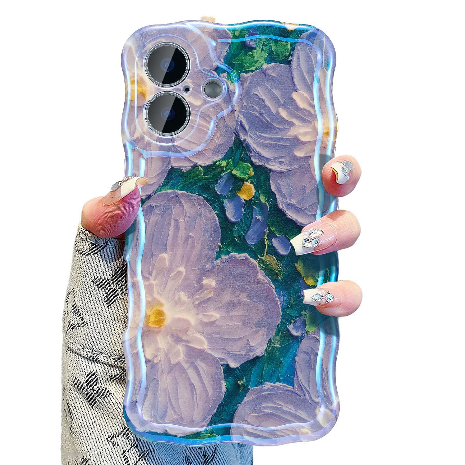 UEEBAI Case for iPhone 16 6.1", Glossy Oil Painting Flower Pattern Case, Curly Wave Frame, Cute Pretty Aesthetic