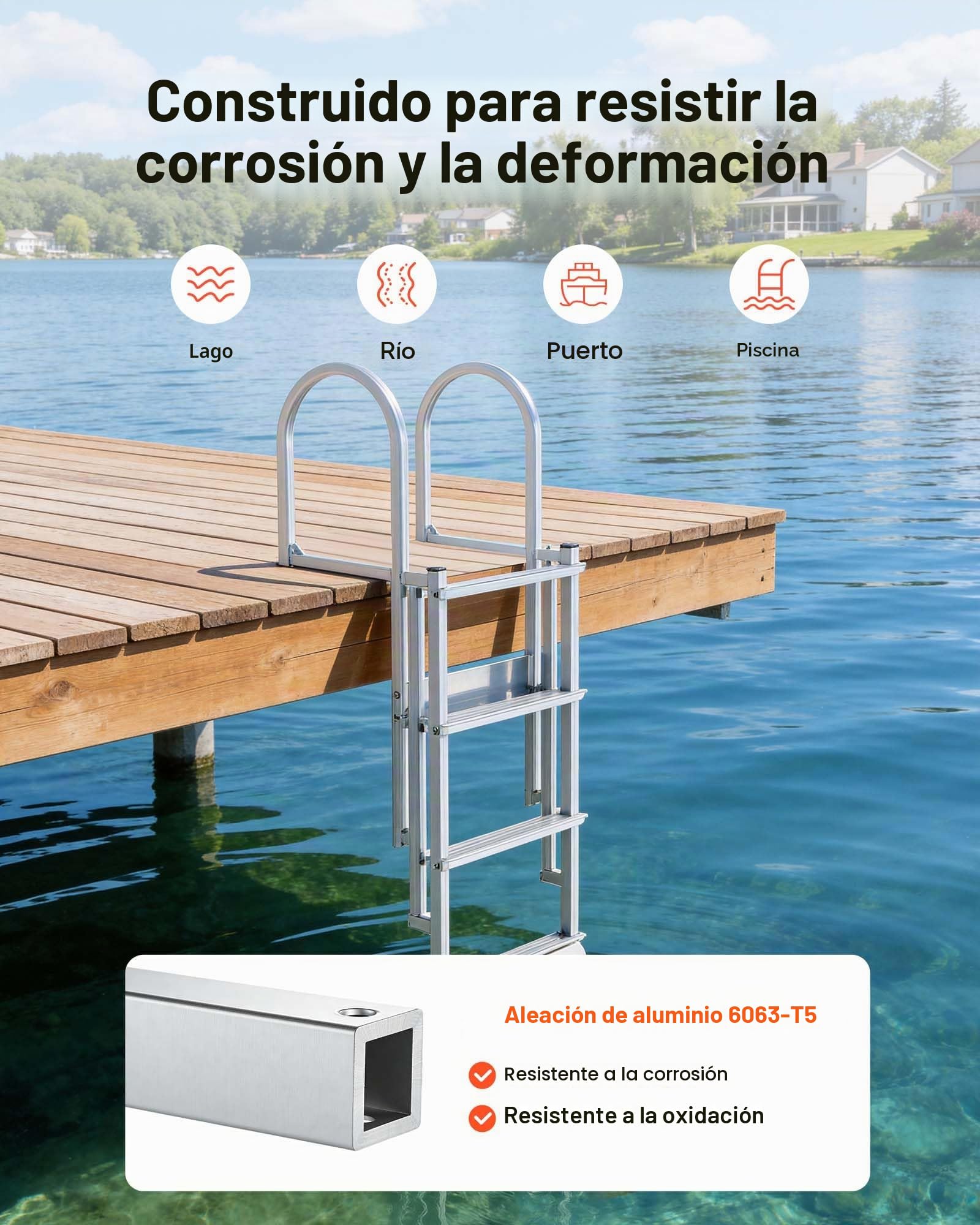 VEVOR Escalera de Muelle Capacidad de 227 kg con 4 Peldaños Antideslizantes, Pasamanos, Escalera Retráctil de Aluminio con Elevación Automática para Pontón Lago Barco Piscina Plataforma de Natación