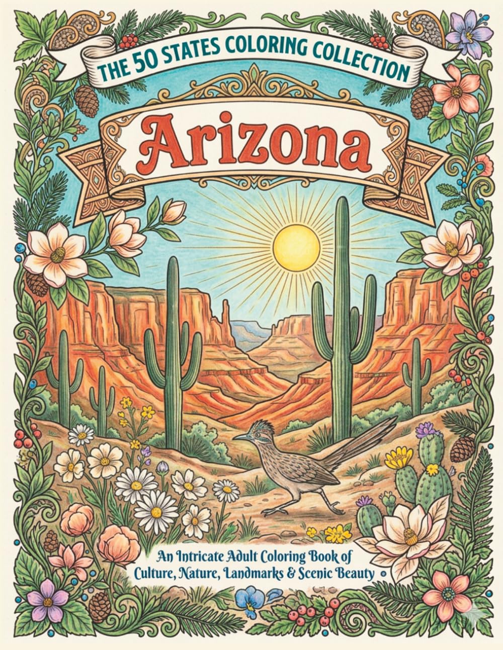 Scenic Arizona Coloring Book for Adults: Southwest Landscape Designs: Cactus, Canyon Views, Desert Wildlife, Wildflowers, Western Landscapes, and Relaxing Arizona Scenes