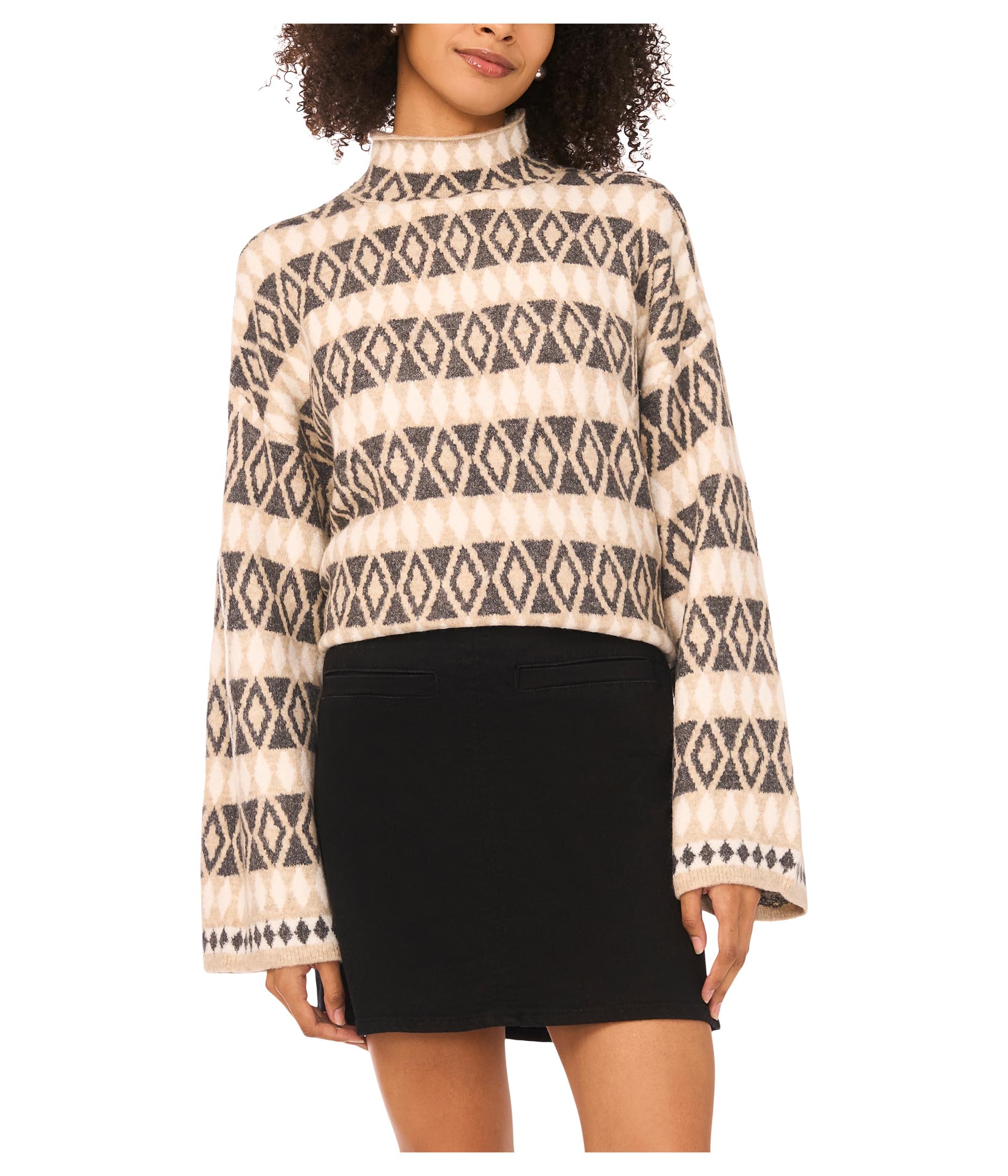 Vince Camuto Womens Diamond Pattern Turtleneck Oatmeal Medium