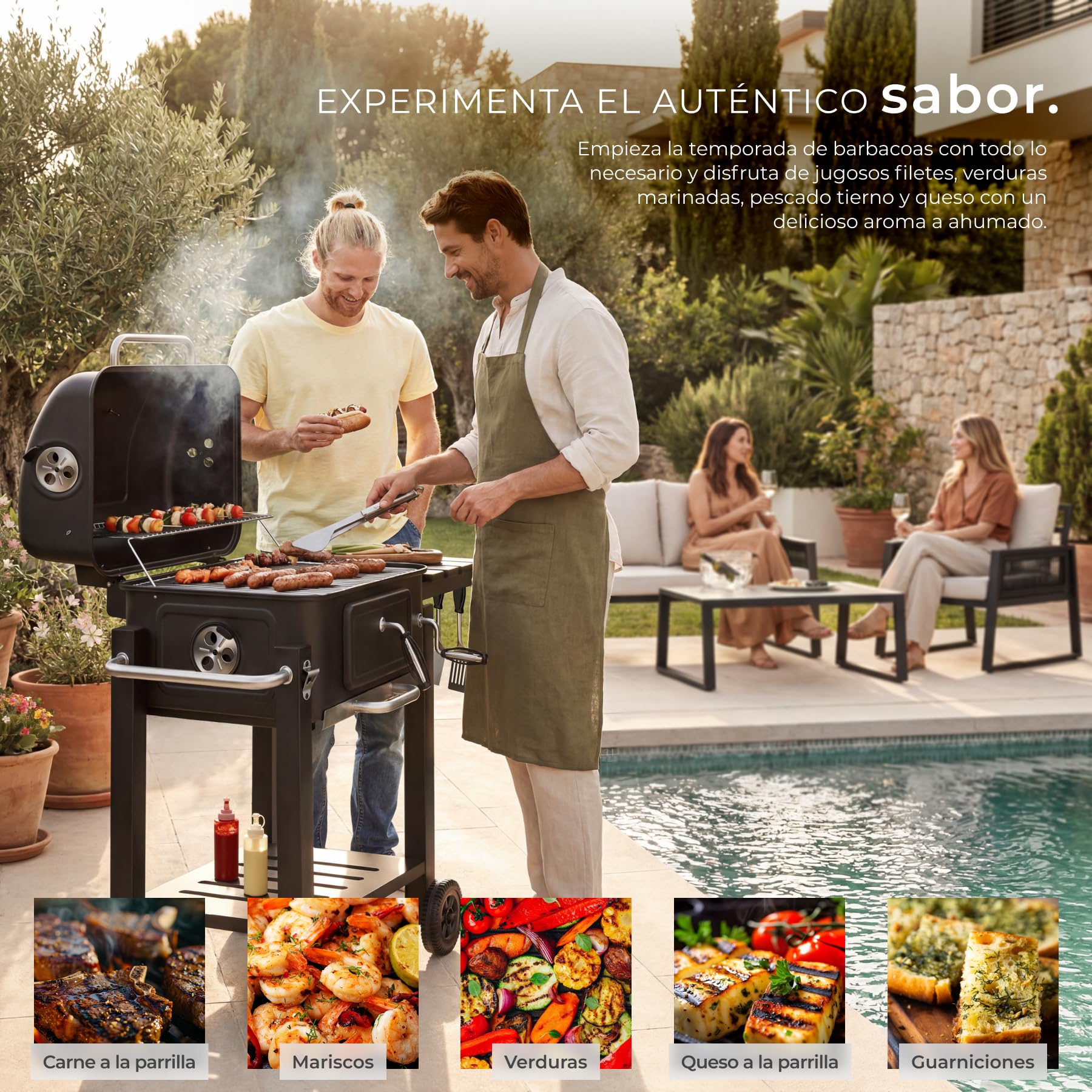 tectake® Barbacoa de Carbon con Tapa, Parrilla Barbacoa Carbon, BBQ Grill, Bandeja Regulable, Termómetro y Ruedas, con Ahumador de Alimentos, Asador de Carne - 64 x 110 x 104 cm