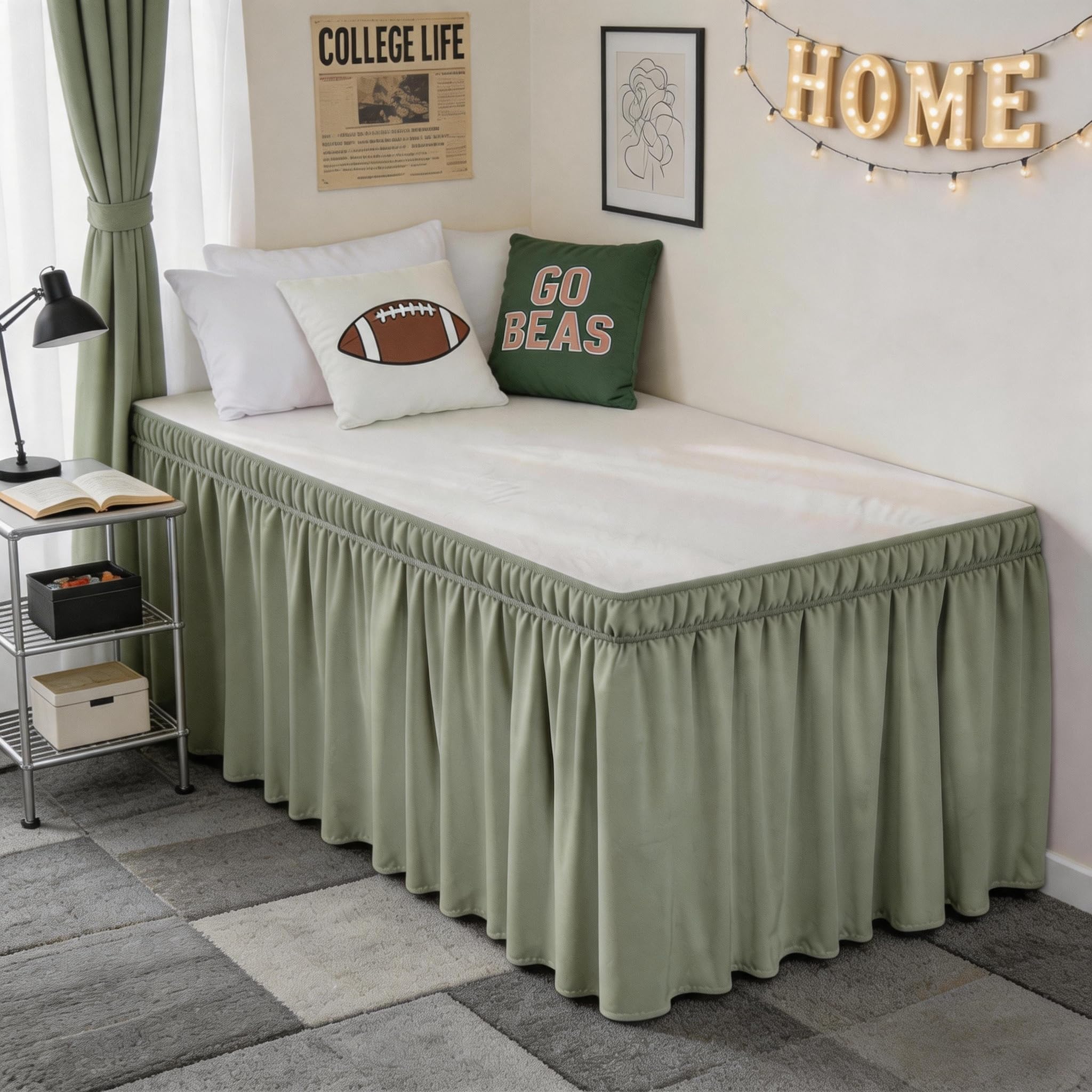 College Dorm Bed Skirt Twin XL 42" Drop, Slit Corner Bedskirt, Sage Green