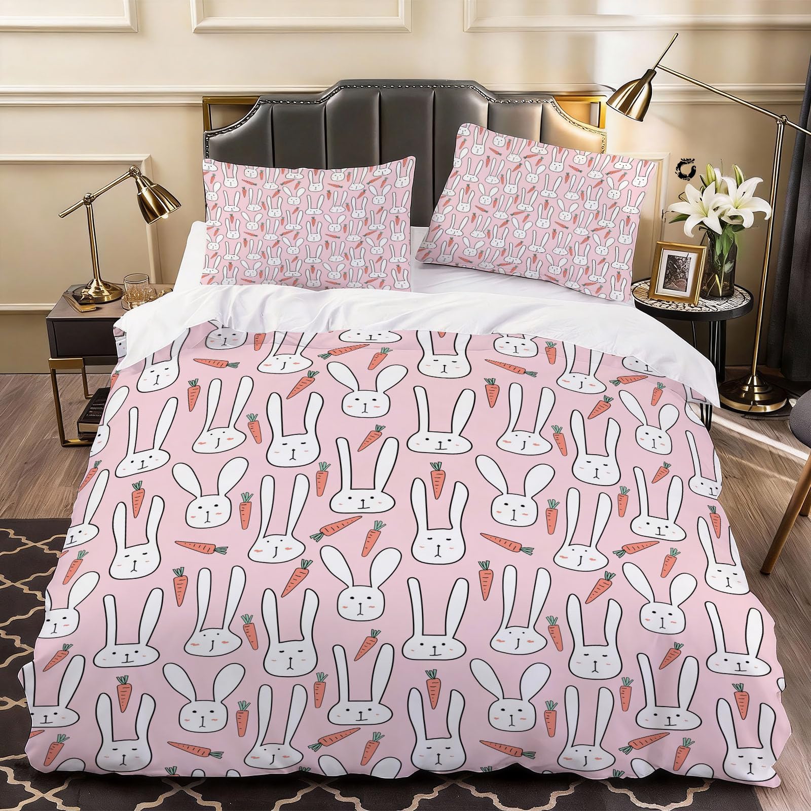3D Cute Rabbit Duvet Cover Child Teen Bedding Double Bed Set, Soft Microfiber Comforter Cover Printed with Zipper Closure Quilt Coverr 200x200 cm and 2 Pillowcases