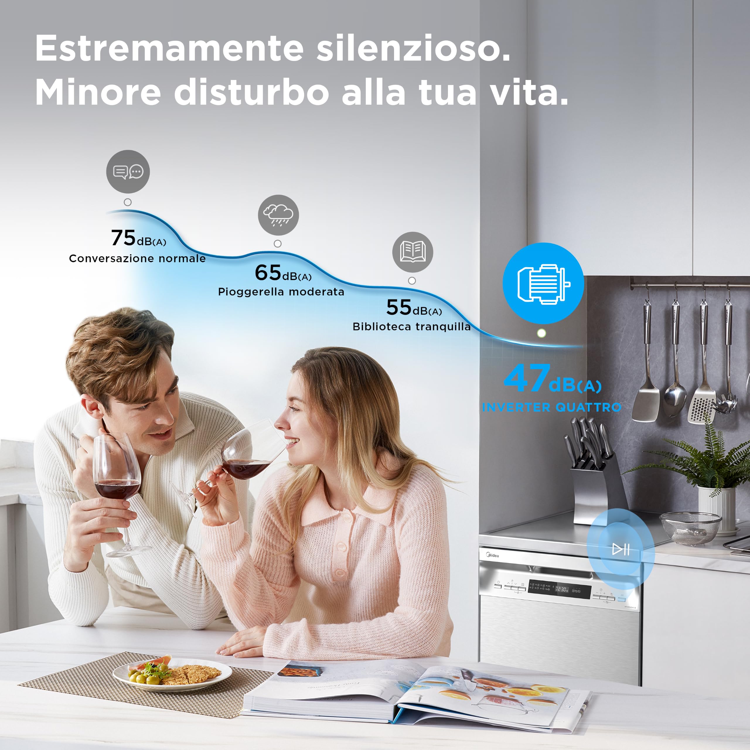 Midea MFD45S200X.1-IT Geschirrspüler, freistehend, mit 10 Decken, 8 Programme, LED-Display, Startvorwahl, Halblastfunktion, extra Trocknung, Edelstahl