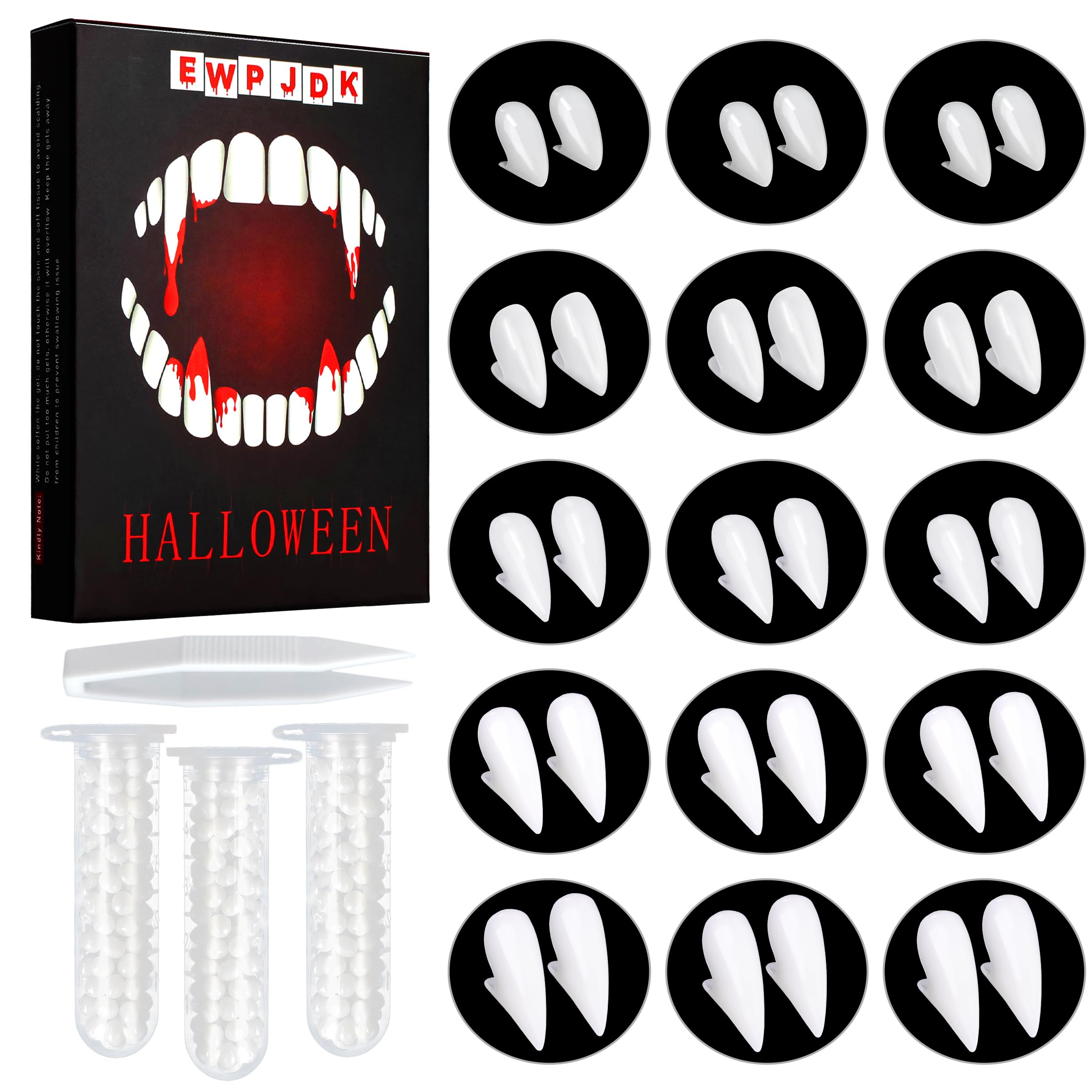 EWPJDK Vampire Teeth 5 Sizes 15 Pairs Halloween Decorations Party Cosplay Props Vampire Fangs Fake Teeth with Adhesive Halloween White Favors Accessories Gift