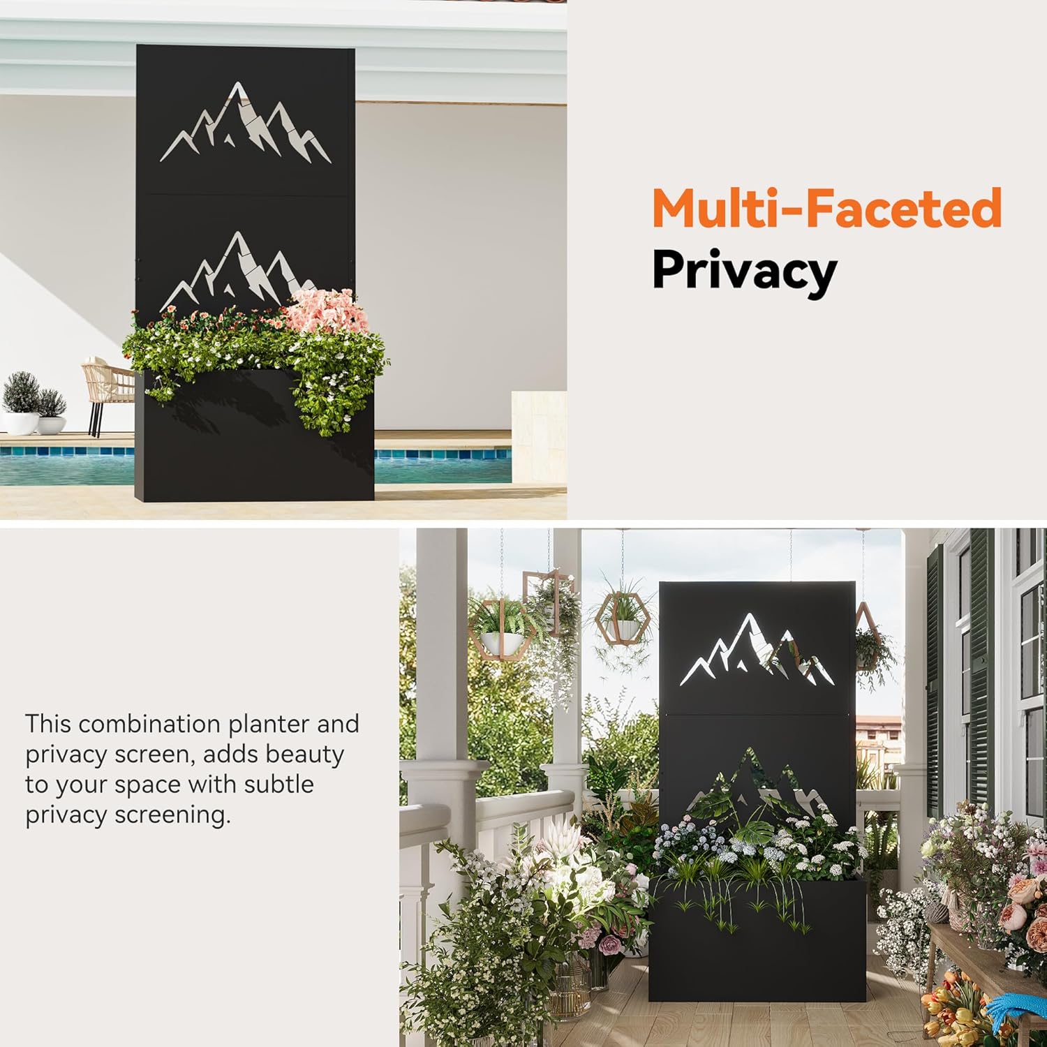 Modern Shade Metal Planter Box with Trellis Privacy Screen, 6x3 FT Large Raised Garden Bed, Multi-Functional Privacy Screen Outdoor with Drainage Holes for Climbing Plants, Summit Horizon