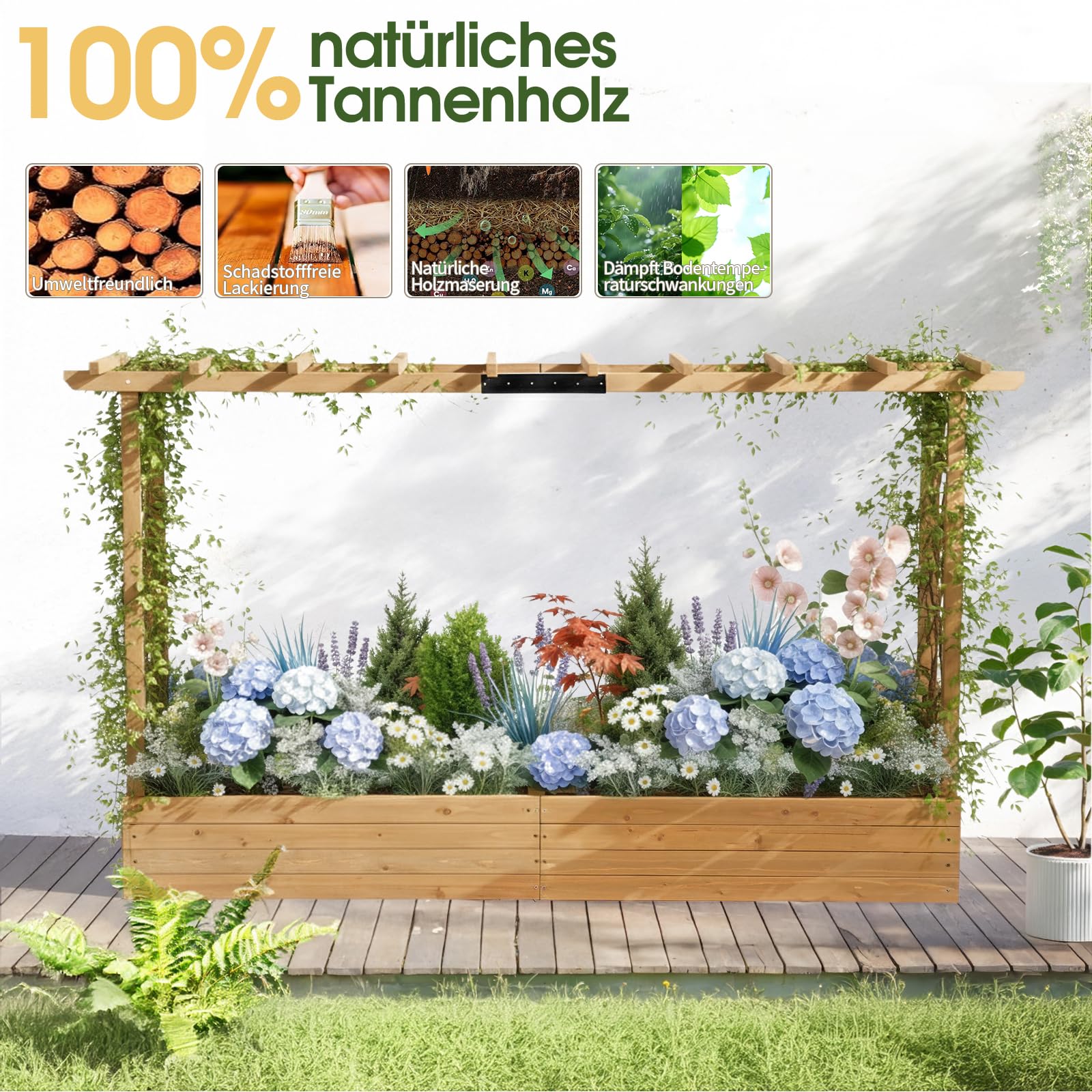 LEADZM pflanzkübel mit rankgitter, Holz Blumenkasten mit rankgitter Ablauflöchern, Hochbeet Balkon für Kletterpflanzen & hängende (Breitere Version(200 x 45 x 113 cm))