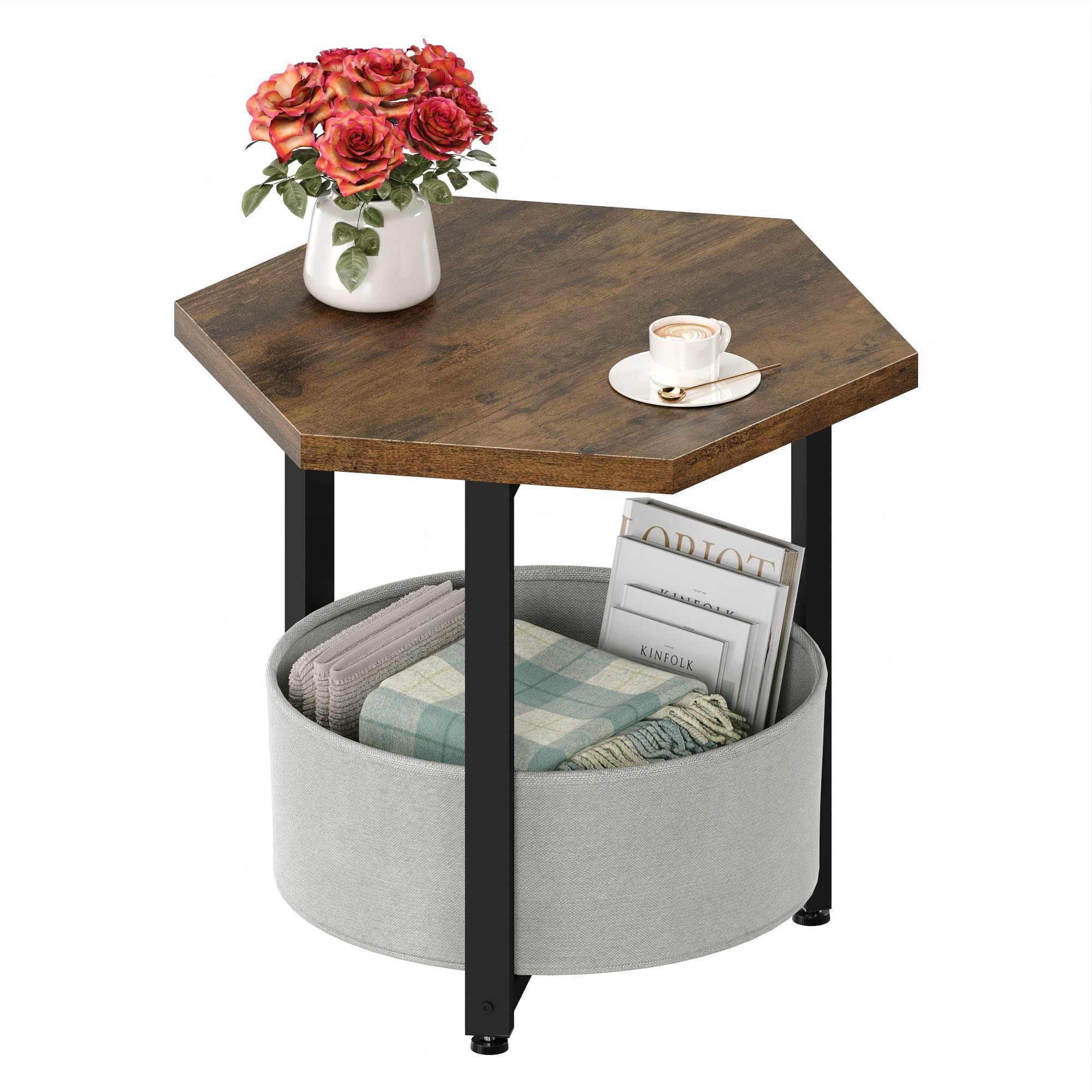 Photo 1 of GYIIYUO Large Side Table 20 Inch, Hexagon End Table with Removable Storage Basket, 20''D*17''W Large Tabletop, Sturdy and Stable, Short Bedside Table for Living Room and Bedroom, Rustic Brown