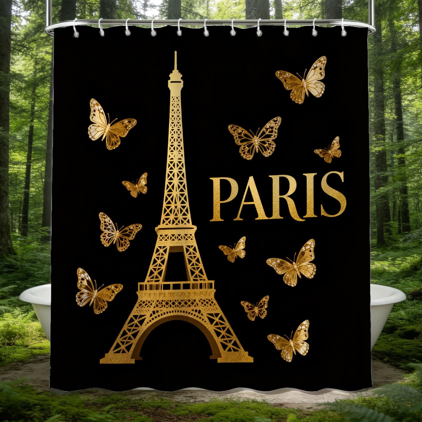 Hongduo 3D Eiffel Tower Shower Curtain for Stalls Bathtubs Butterfly Bathroom Decor Shower Curtain Set Polyester Fabric Waterproof 200x200cm/79X79 Inch with Hooks