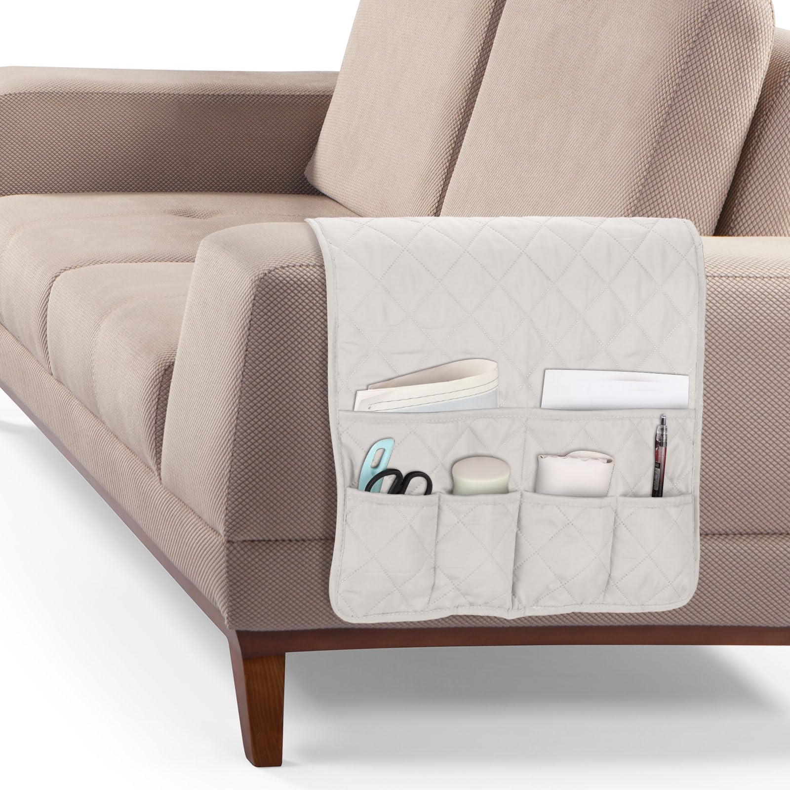 QUARKZMAN Armlehnen-Organizer für Couch, Sofa, rutschfest, für Sessel, Armlehne, Liege, Fernbedienung, Organizer mit 6 Taschen für Bücher, Zeitschriften, Tablet, Telefon, kariert, weiß