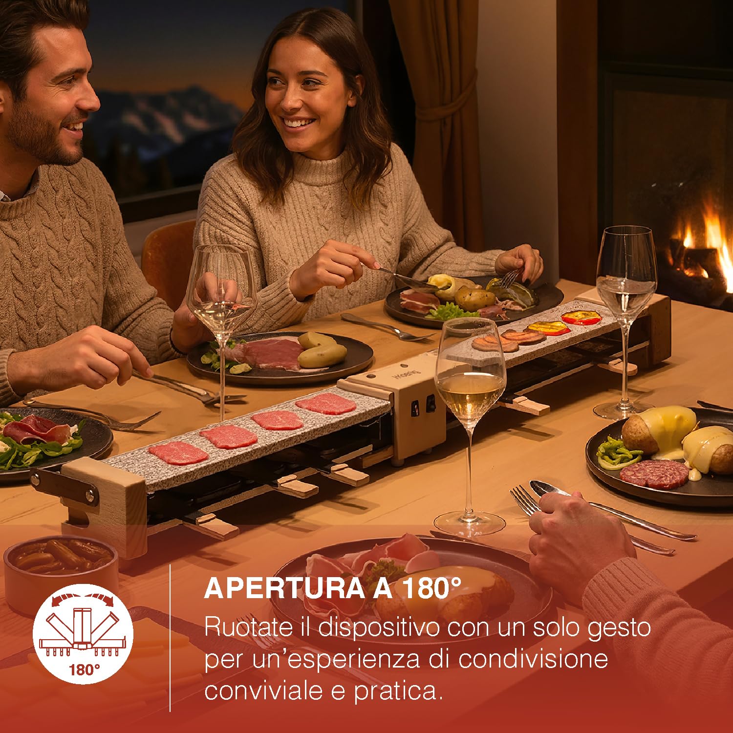 H.Koenig WOD362 Apparecchio per raclette per 8 persone, formaggio, fonduta, doppia piastra di cottura, granito, legno naturale, base girevole a 180°, piastre rimovibili, 8 padelle antiaderenti