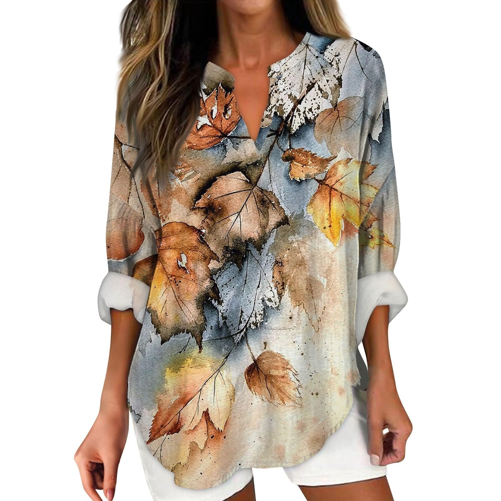 Plus Size Shirts for Women 2024 Button Henley Neck 3/4 Sleeve Tops Floral Print Tees Tunic Casual Dressy Blouses