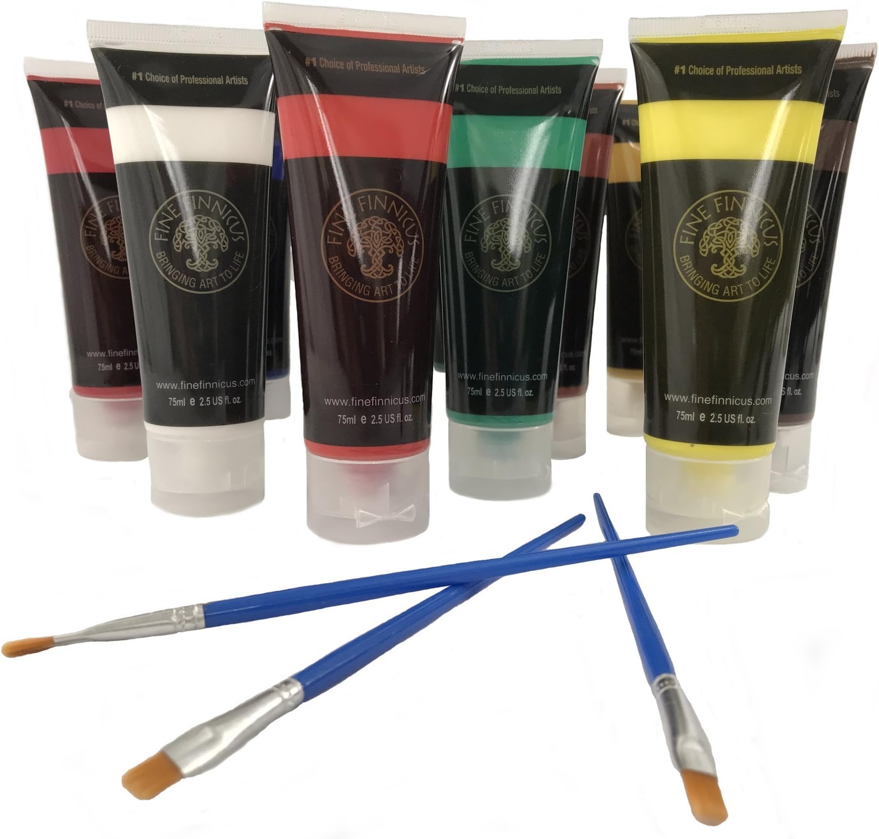Artist Paint Set with 12 Vivid (75 ml) Colors and 3 Free Brushes. This Fine Finnicus Acrylic Paint Set is The Perfect Artist's Tool for Students, hobbyist, and Great for Kids!