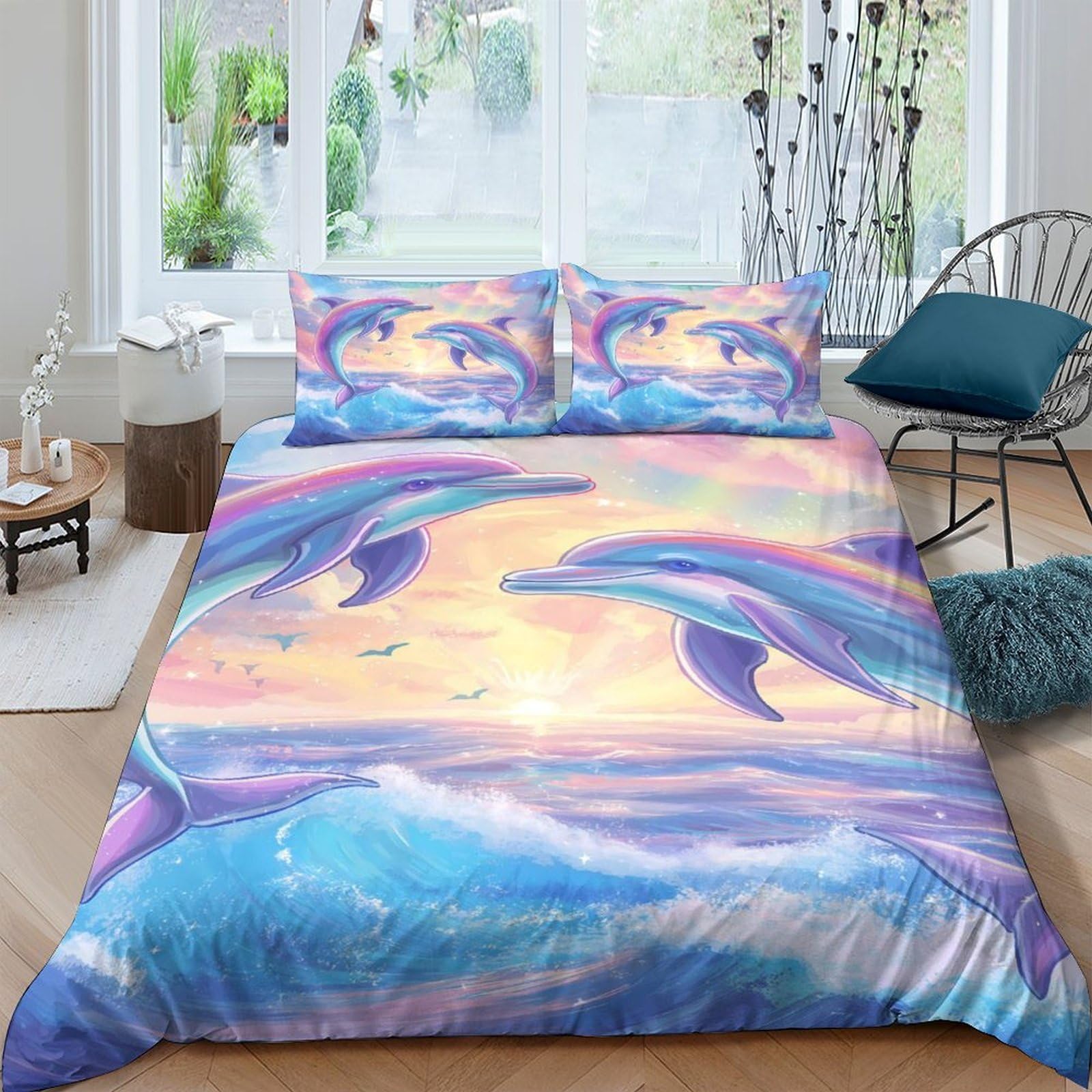 Ctjqhvkz Style-10 3D Printed Dolphin Ocean Fitted Sheet Microfiber Bedroom Decor Sunset Waves Mattress Cover For Home Dorm Single（135X200cm）