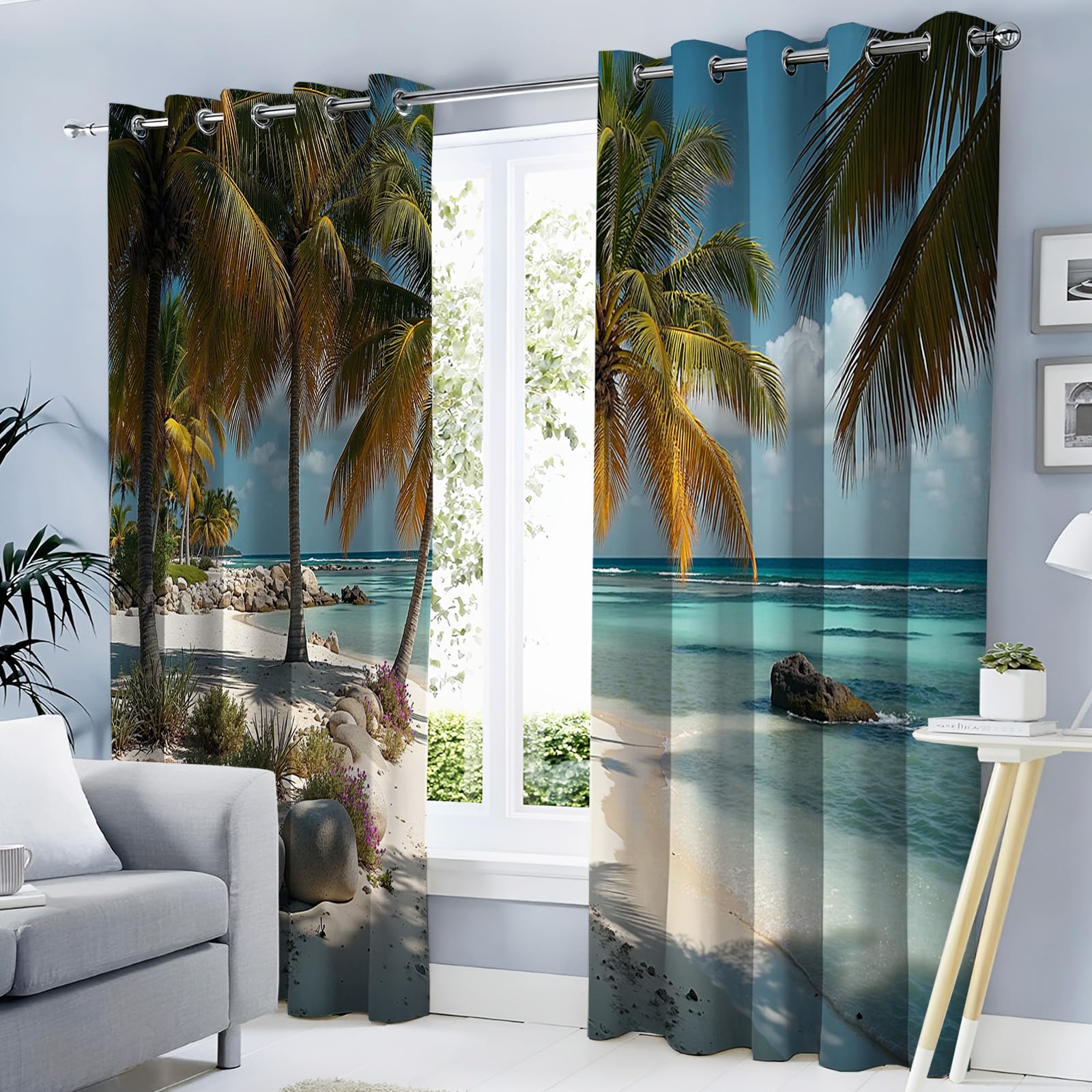 Rideau occultant plage tropicale haut de gamme, draperies de prestige paysage rocheux