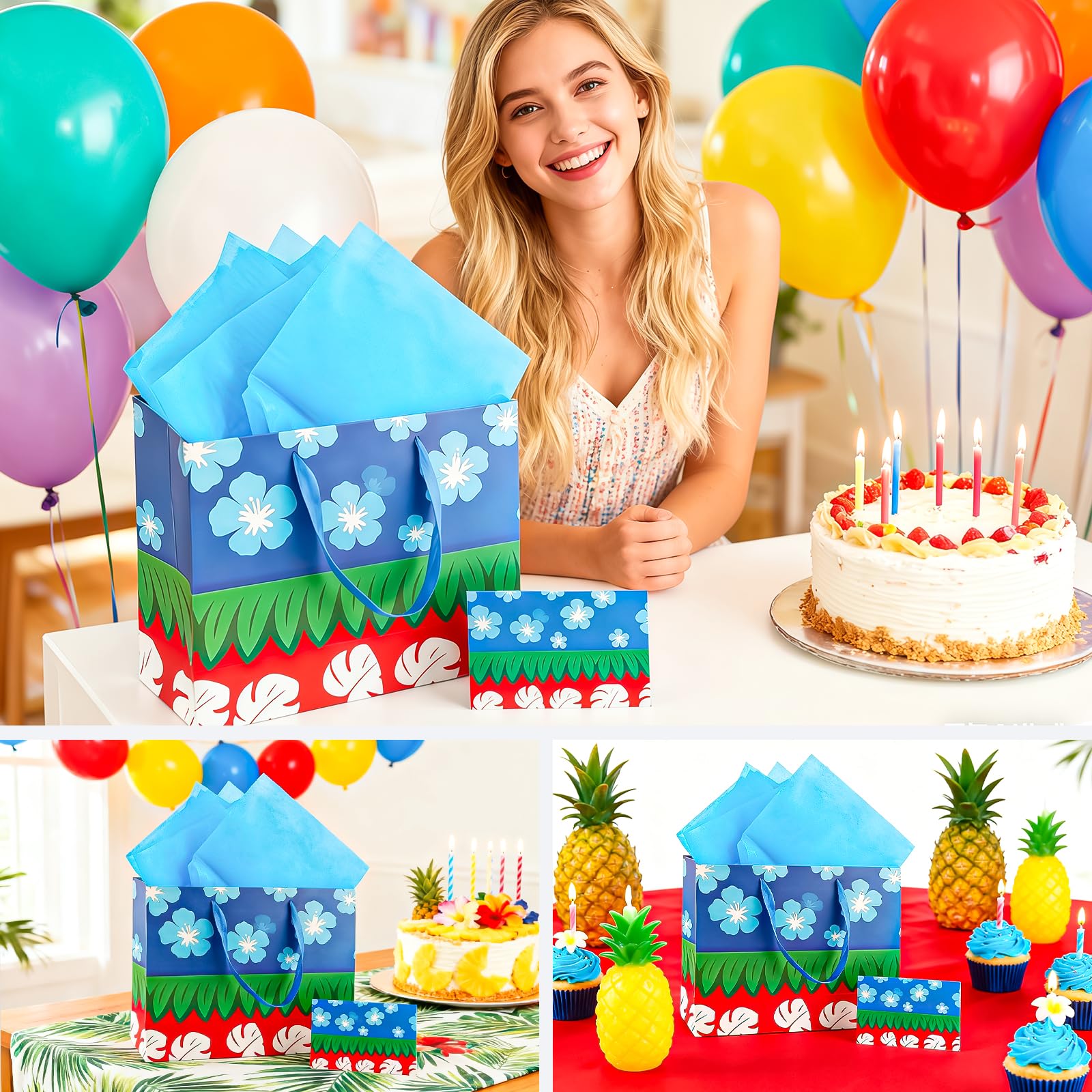 FUNCANDLE 13" Hawaiian Tropical Summer Floral Gift Bag with Greeting Card Tissue Paper, Cartoon Red Blue Treat Goodie Bags with Handle for Boys Girls Kids Friends Island Theme Candy Favor Supplies