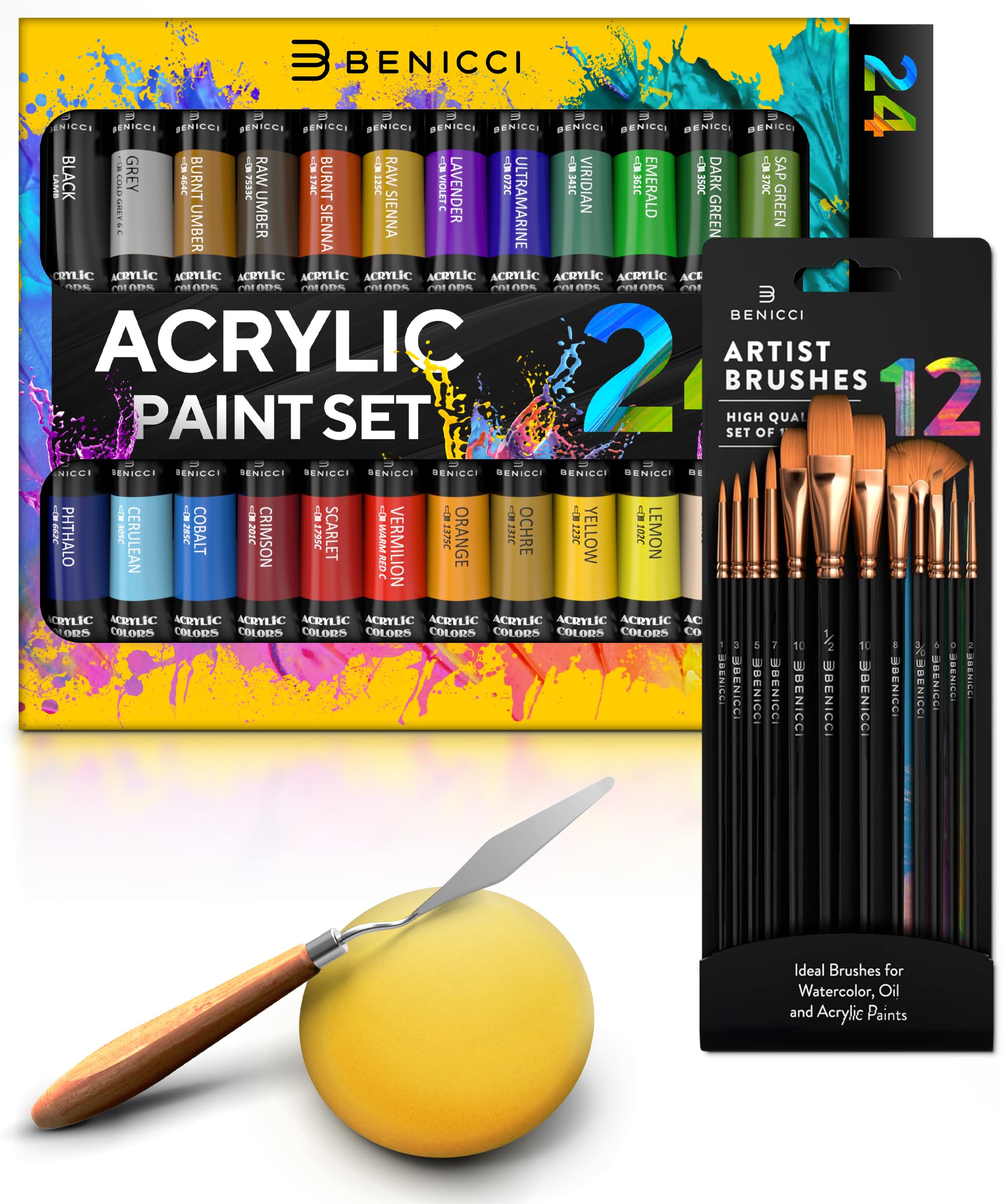 Komplett Acrylfarben-Set, 24х Reichhaltige Pigment Farben - 12 x Art Pinsel mit Bonus Paint Art Messer & Schwamm - Für Malerei Leinwand, Ton, Keramik & Crafts