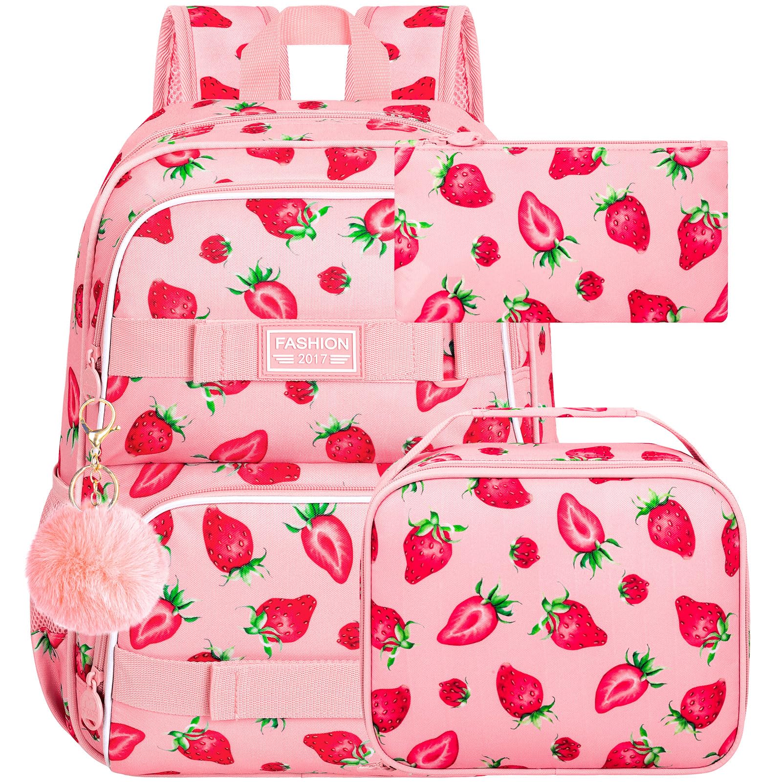 HPJGD 3PCS Backpack for Girls, 17" Water Resistant School Bag with Lunch Box, Cute Strawberry Bookbag Set for Women College Teenagers High Middle